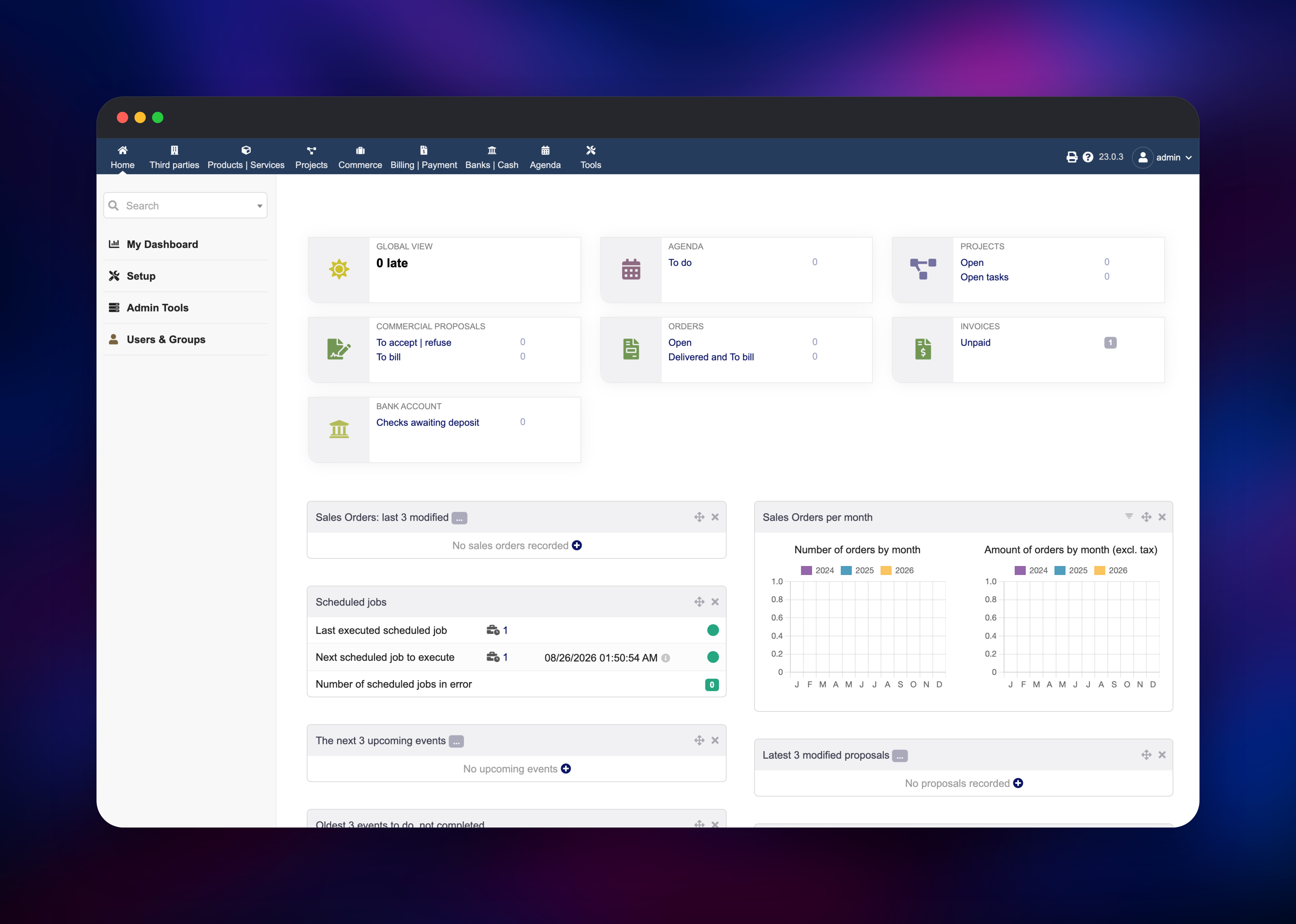 Dolibarr home dashboard showing one unpaid invoice and scheduled jobs