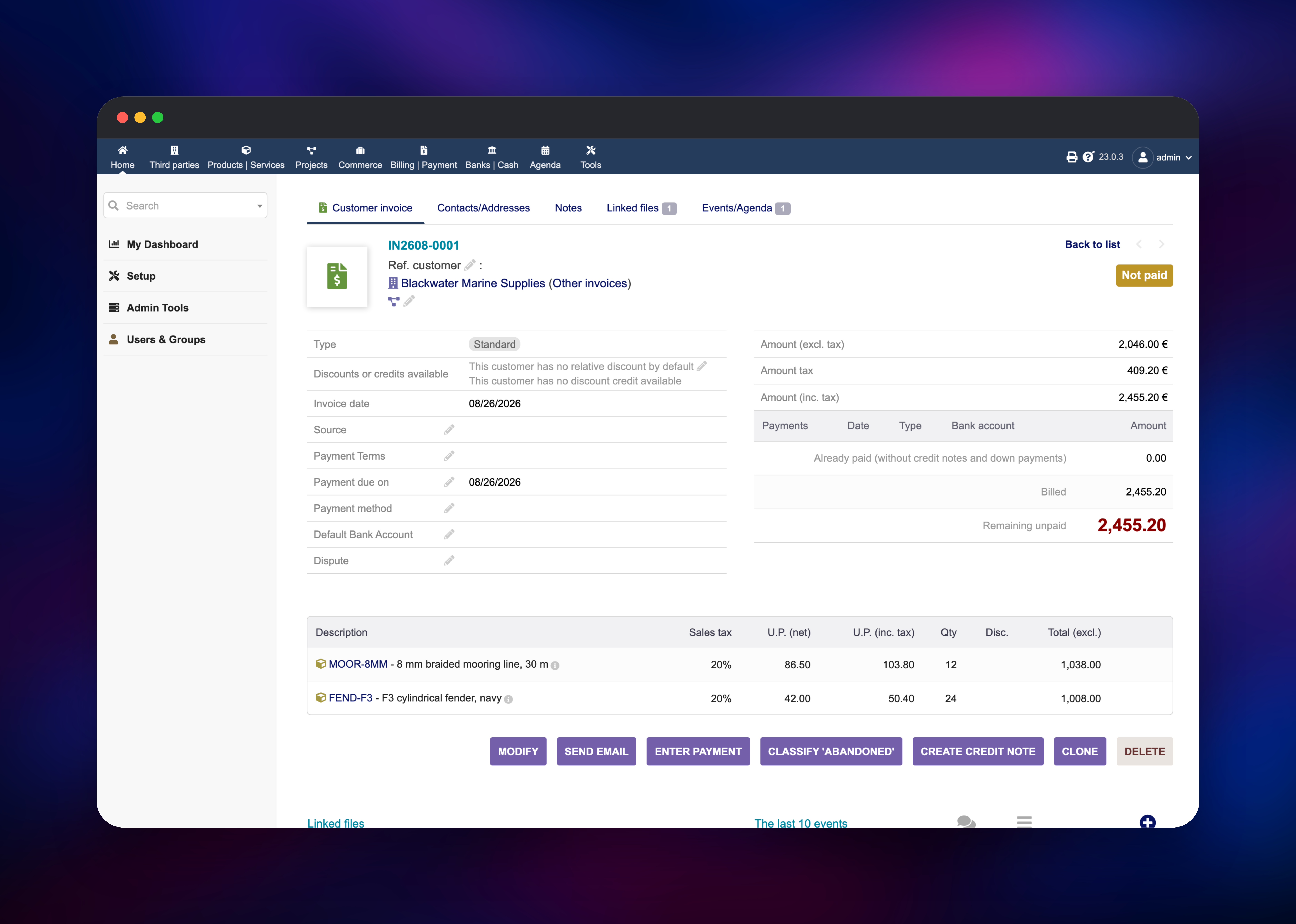 Validated Dolibarr customer invoice with two product lines and tax