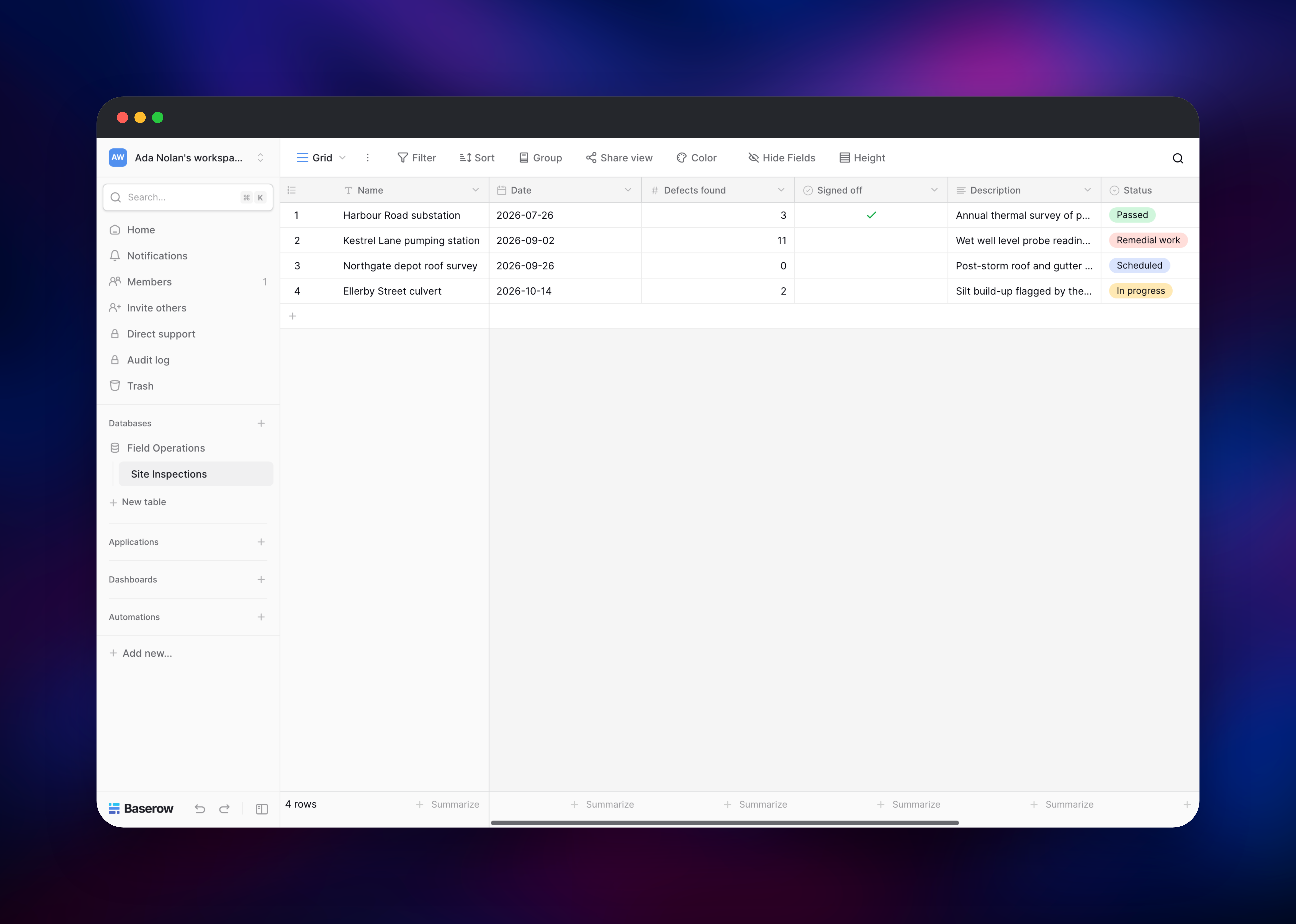 Baserow grid view of site inspection records with coloured status labels