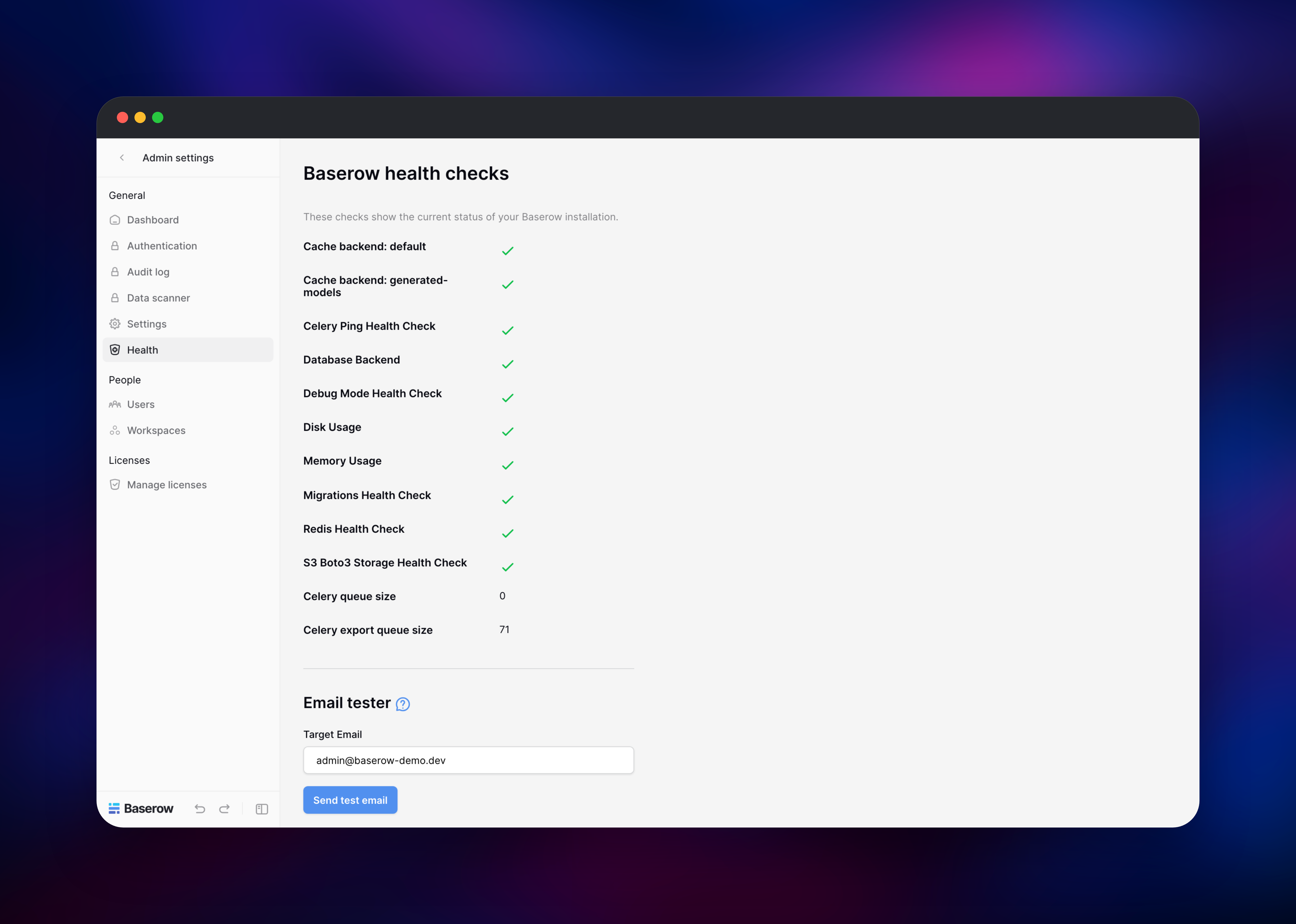 Baserow admin health checks reporting database, Redis and S3 storage healthy