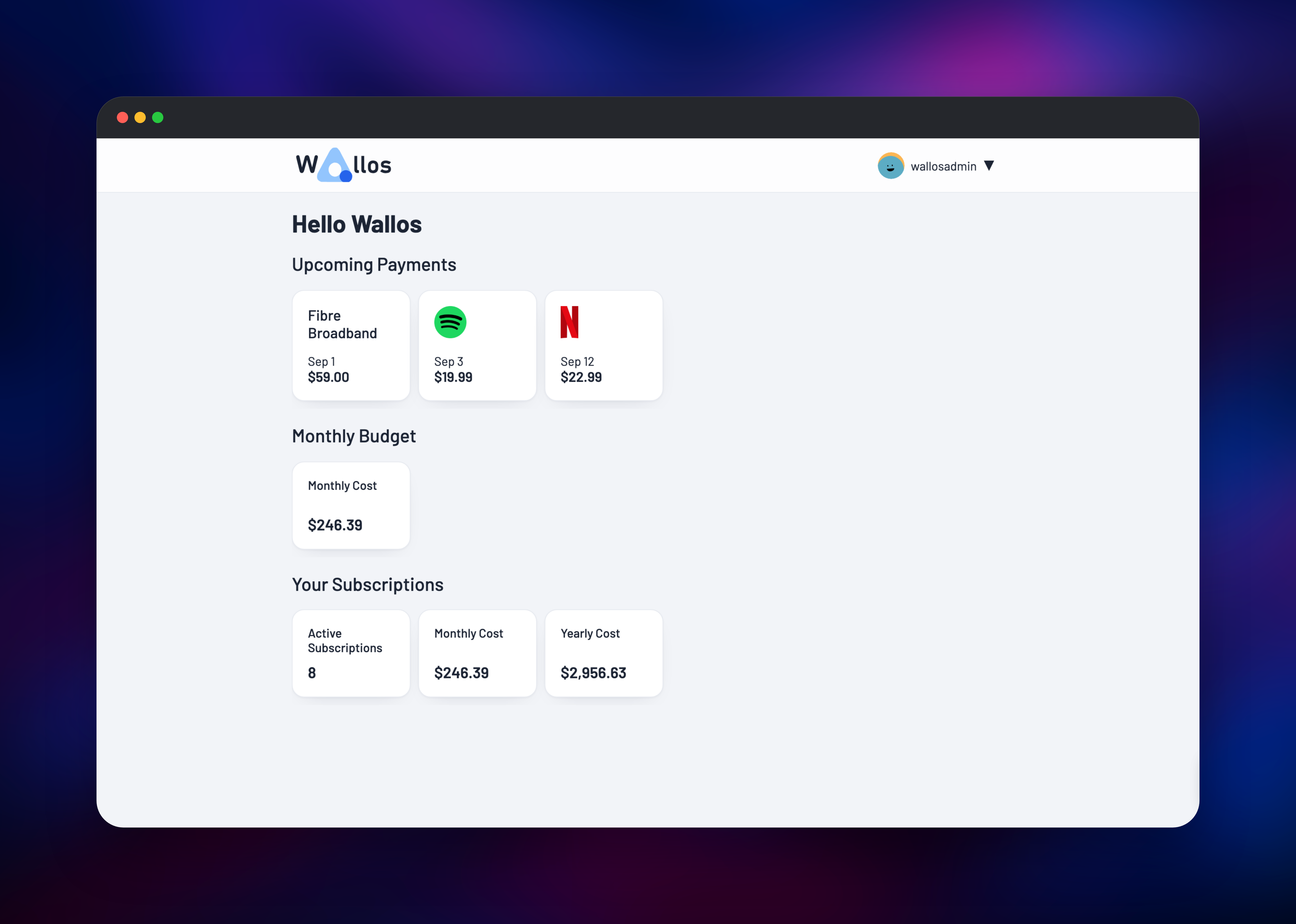 Wallos dashboard showing upcoming payments and monthly budget