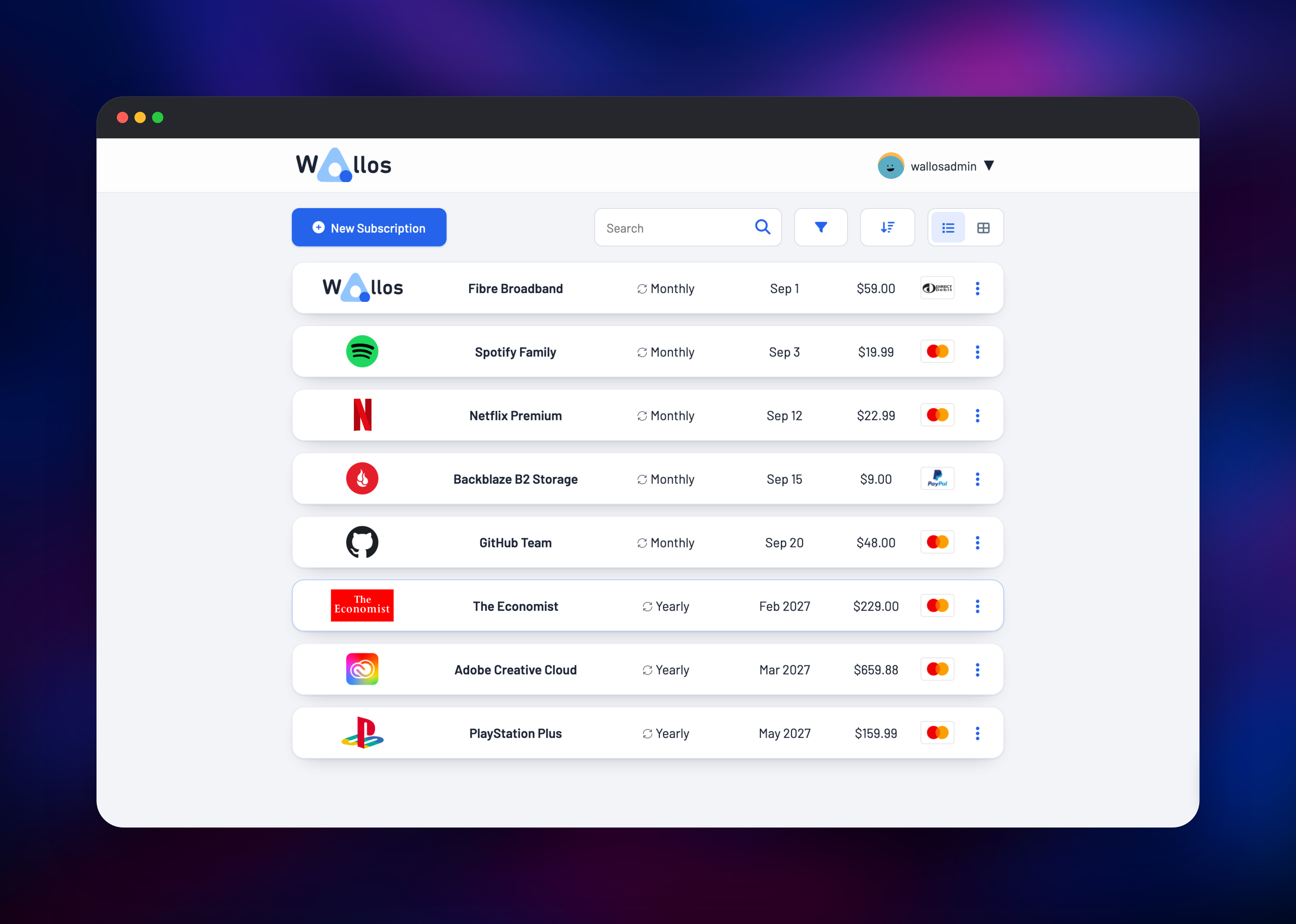 Wallos subscription list with logos and renewal dates