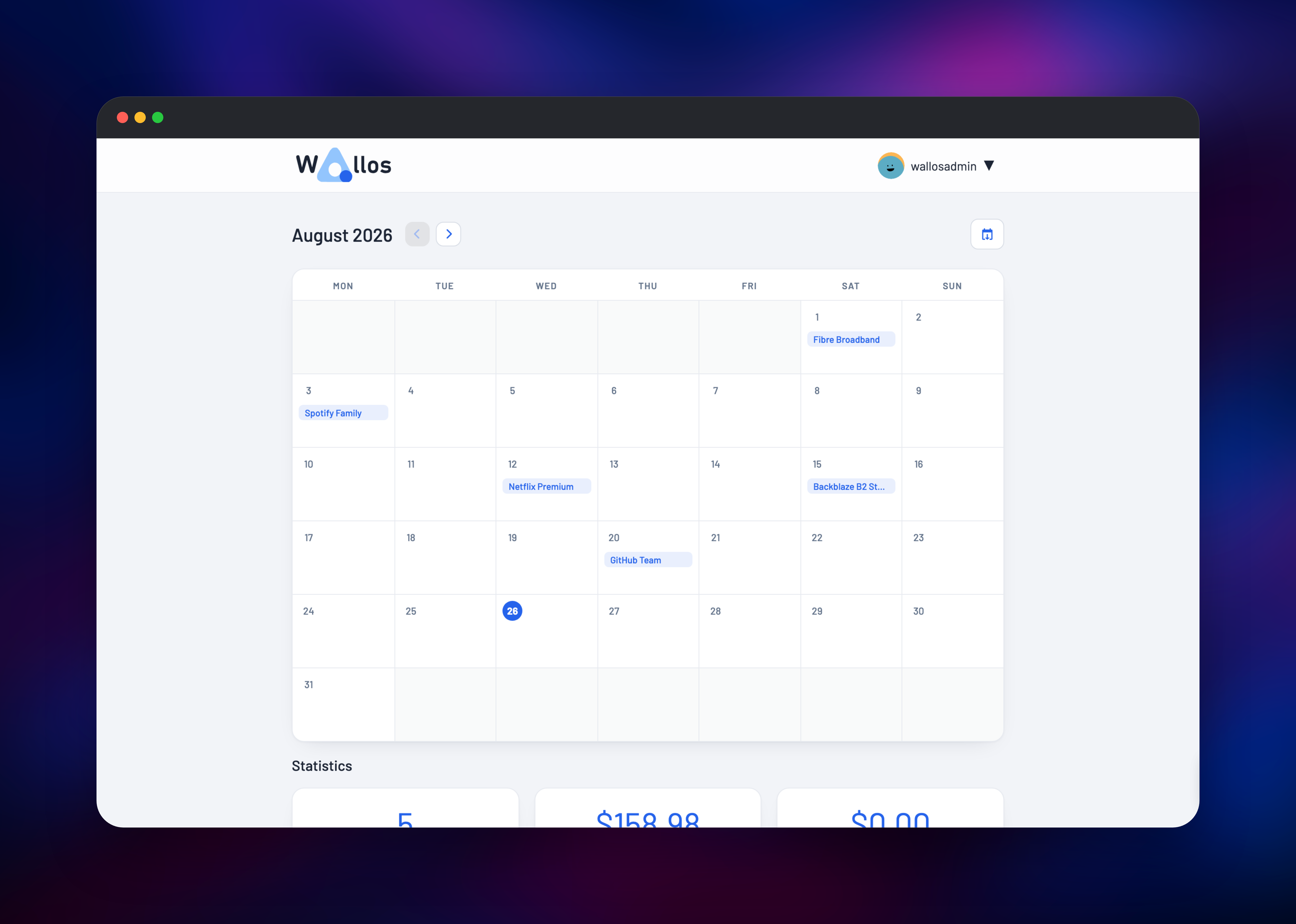 Wallos calendar marking renewal dates across August 2026