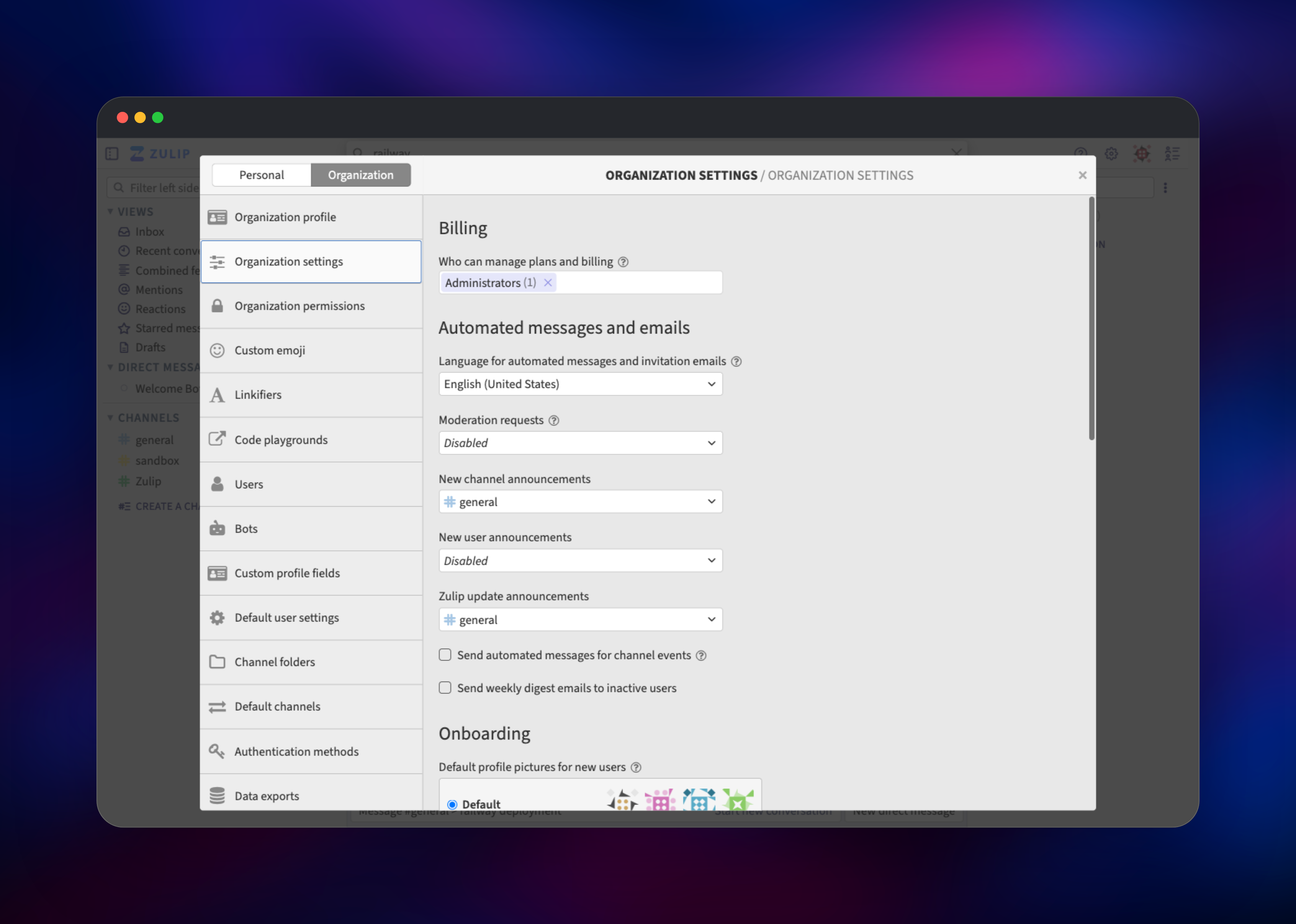 Zulip organization settings panel for automated messages