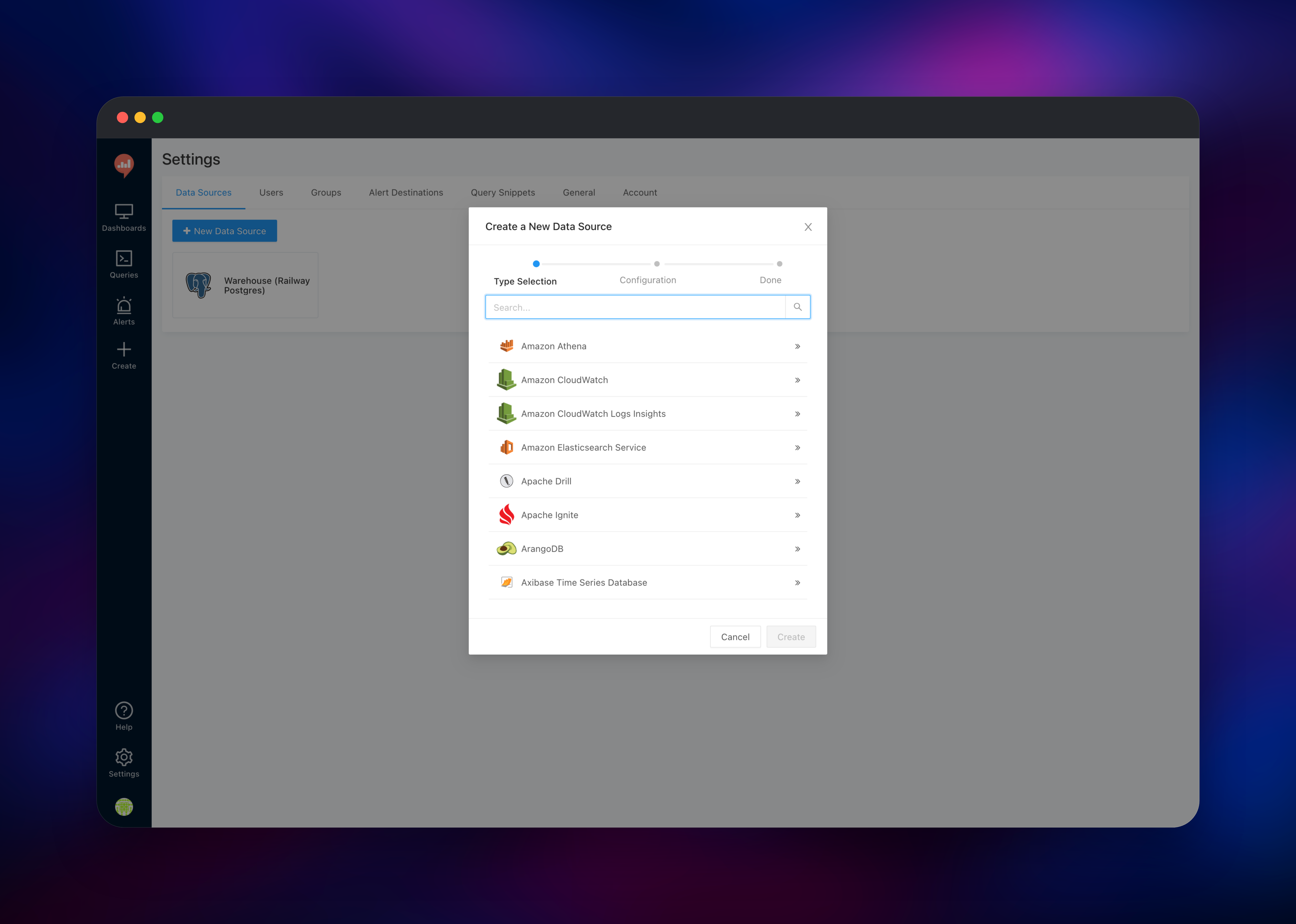 Redash data source catalogue listing available database connectors