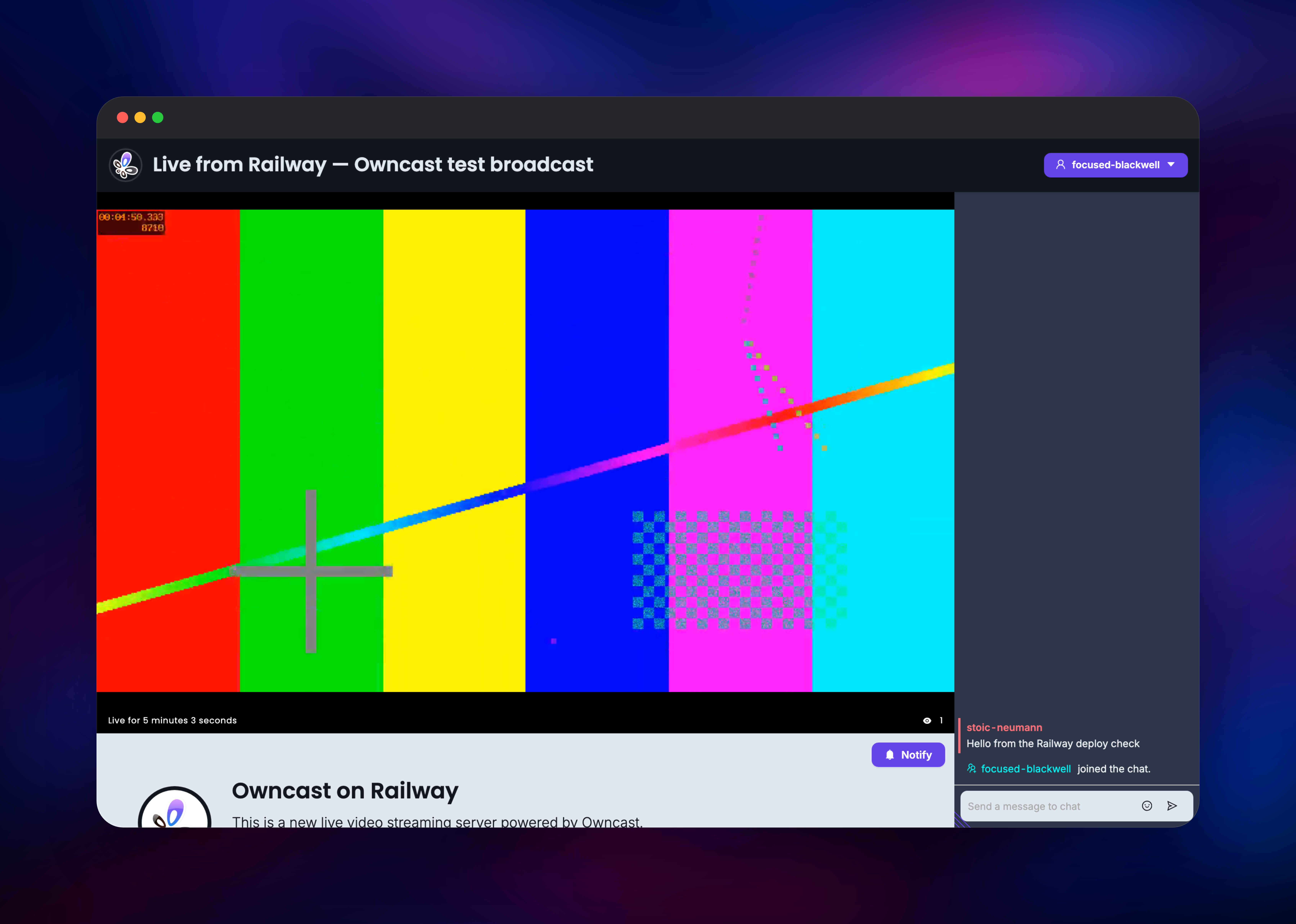 Owncast player showing a live broadcast beside its chat
