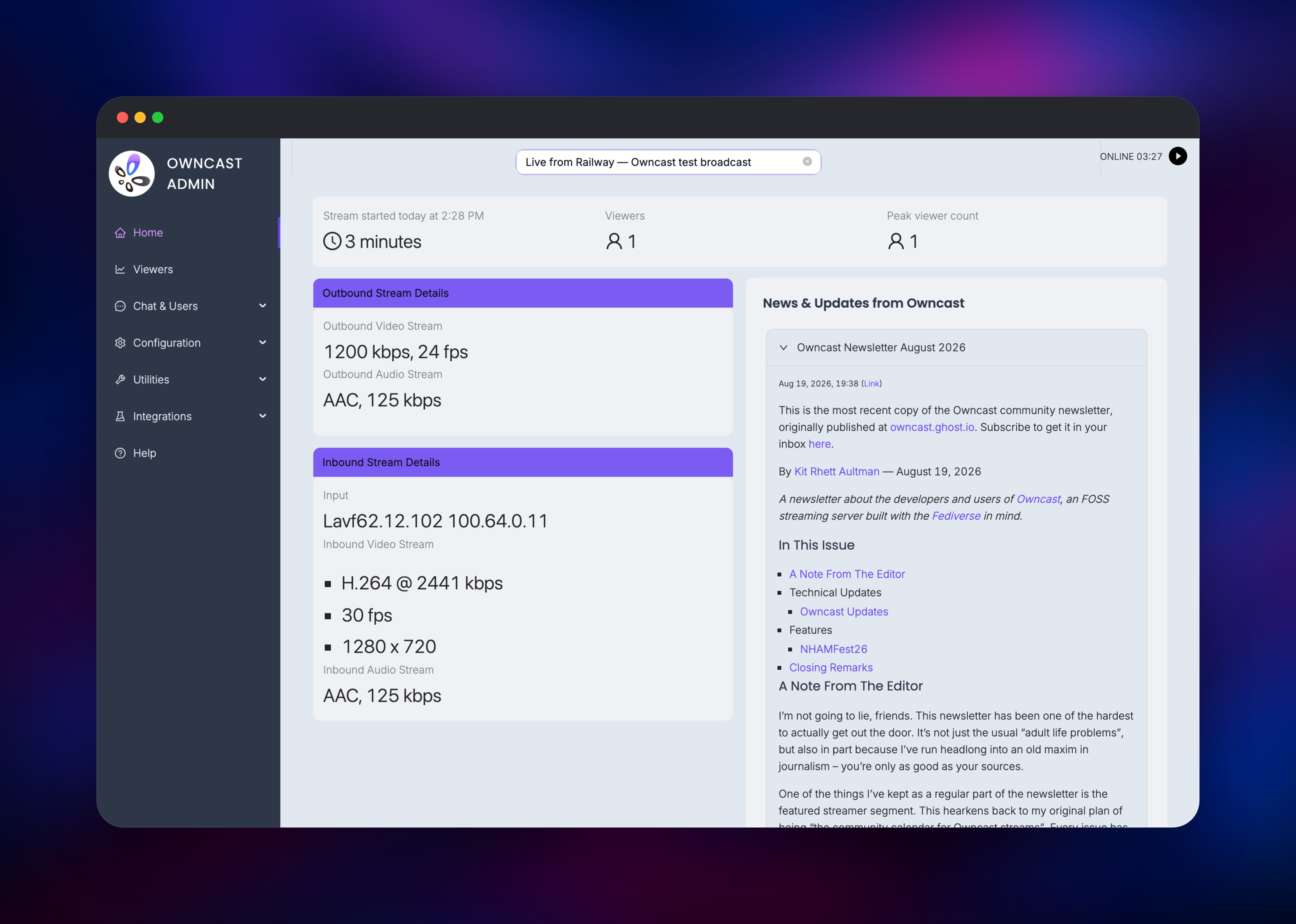 Owncast admin dashboard with inbound and outbound stream details