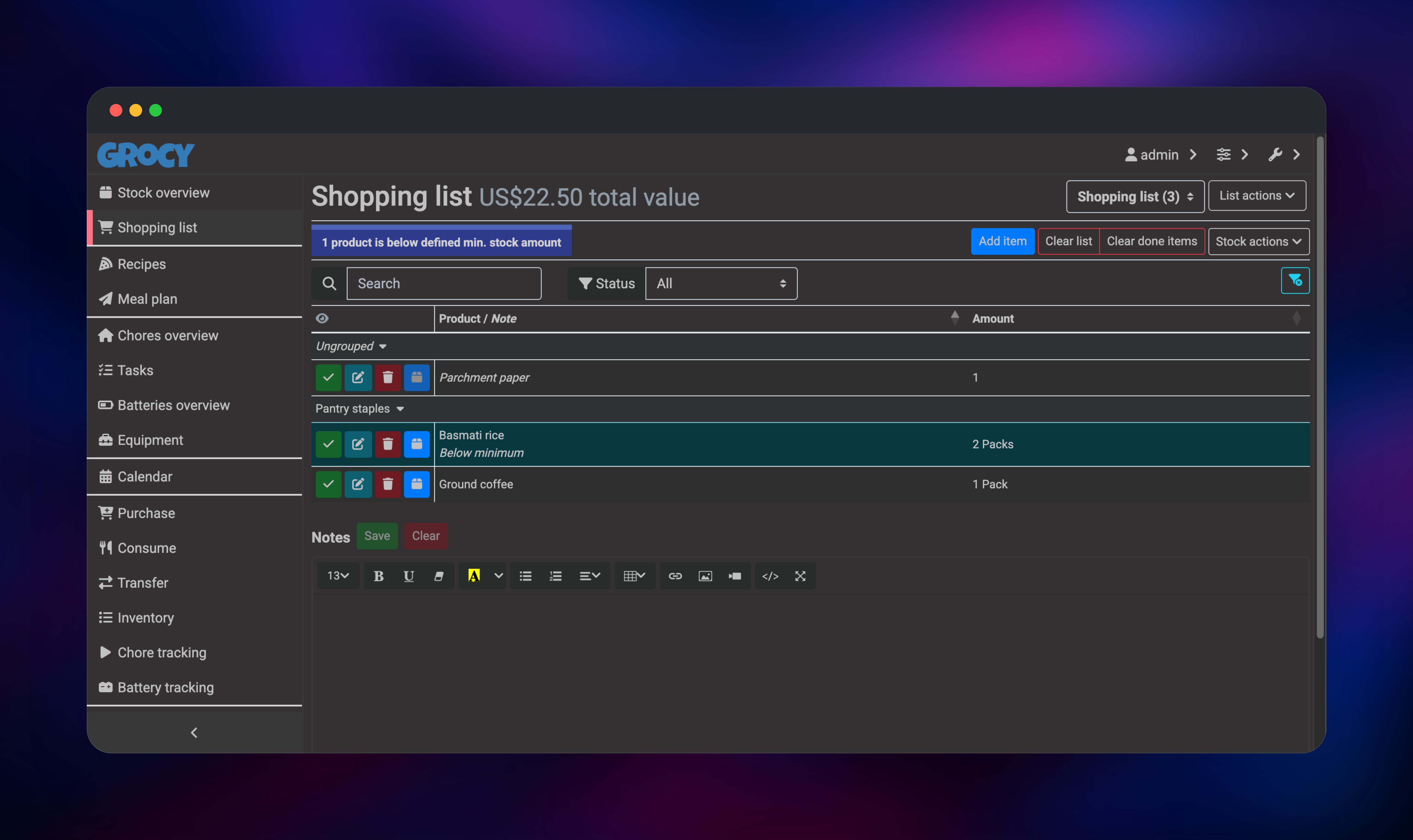 Grocy shopping list grouped by product group with a running total