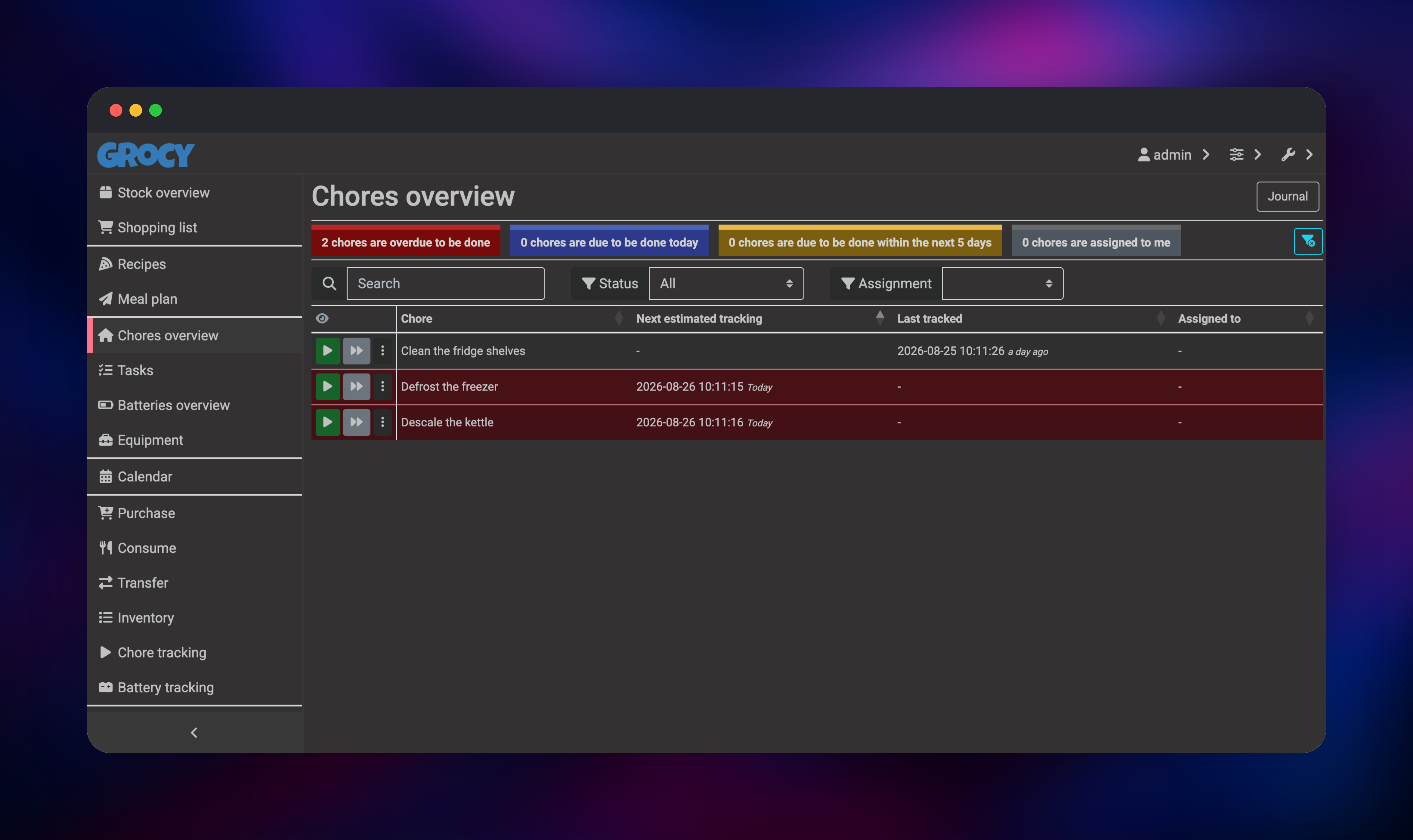 Grocy chores overview showing three household chores and their tracking