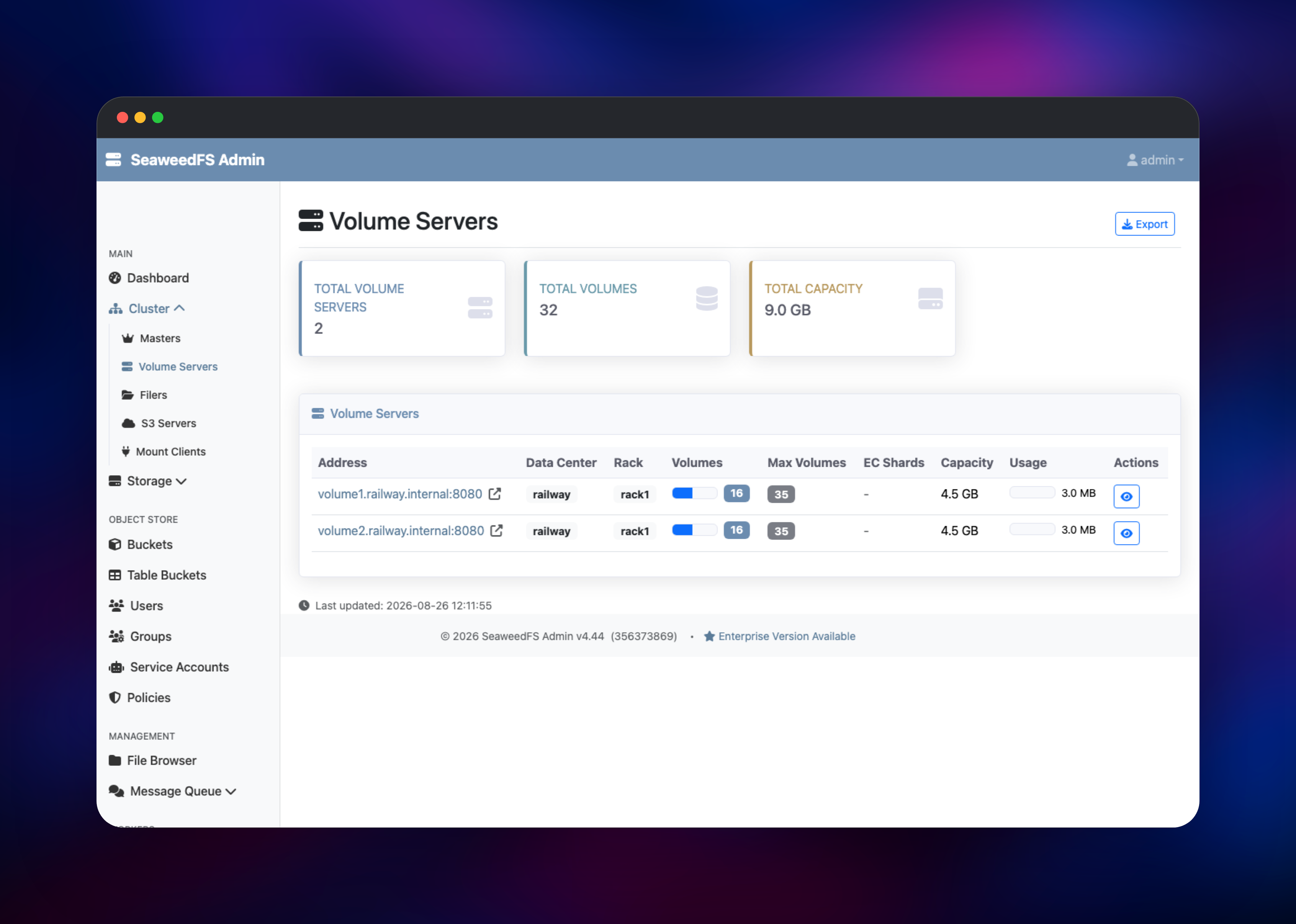 Two SeaweedFS volume servers sharing one rack
