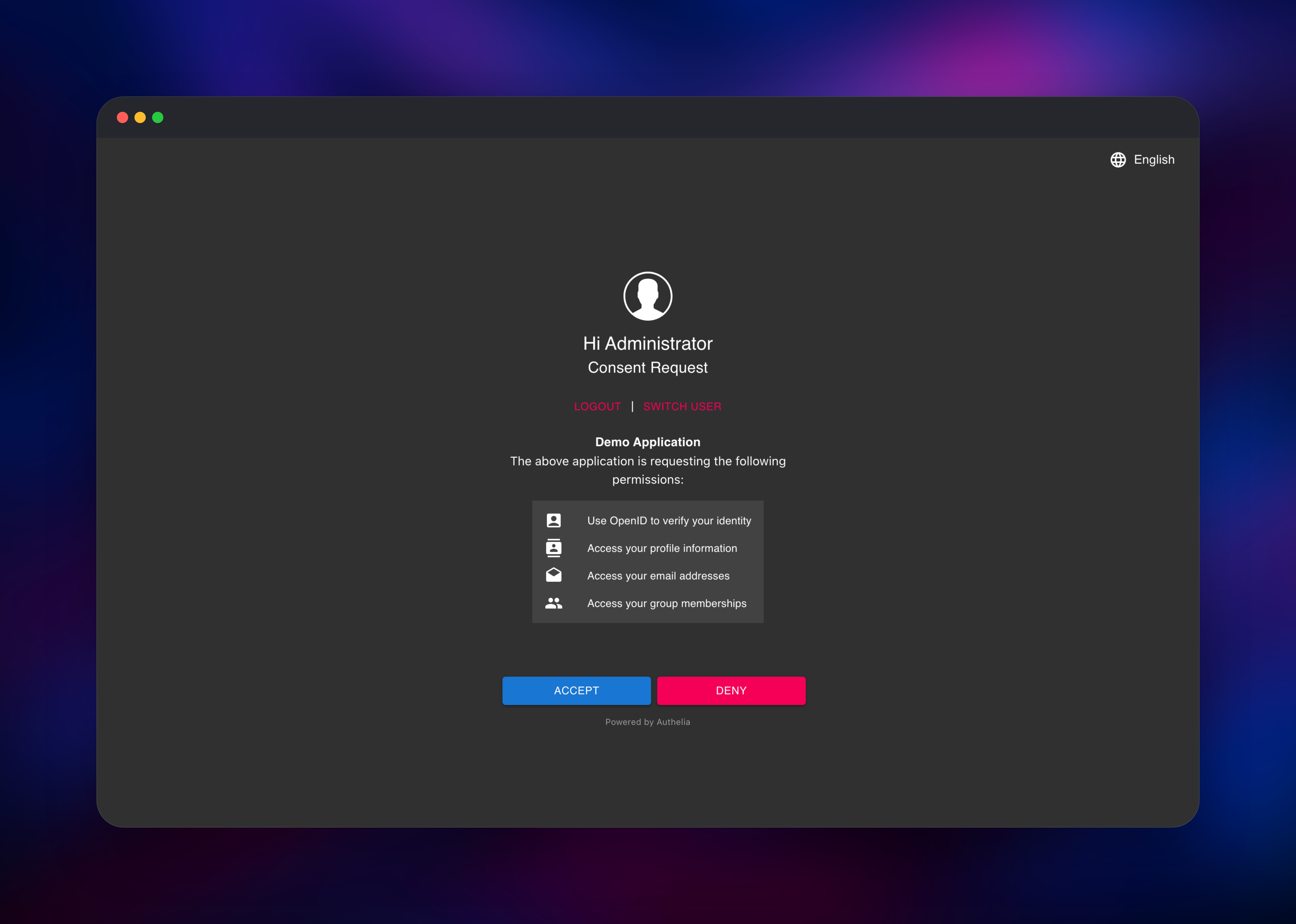 Authelia consent screen listing the permissions an application requested