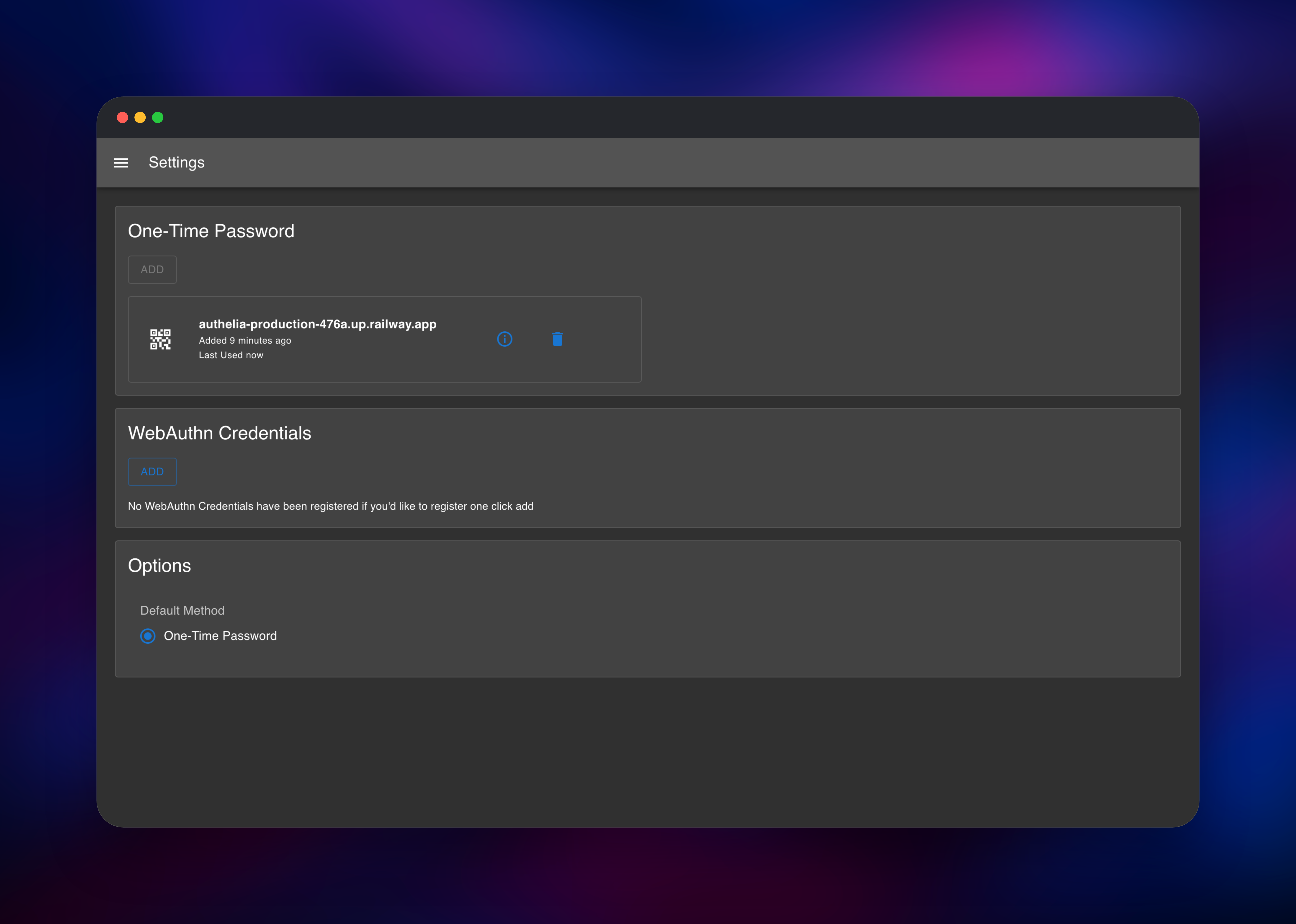 Authelia settings showing a registered one-time password device
