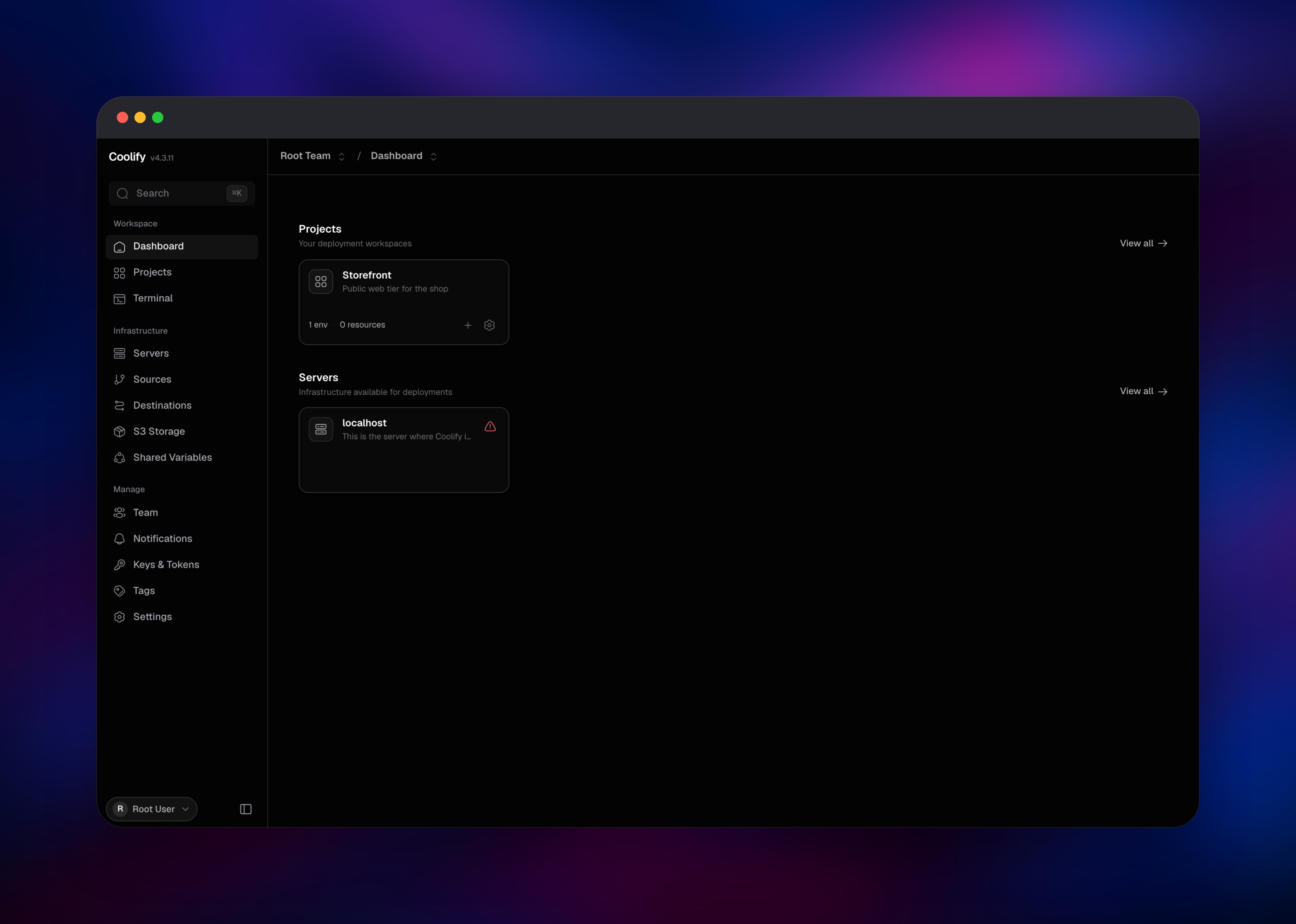 Coolify dashboard listing a Storefront project and a connected server