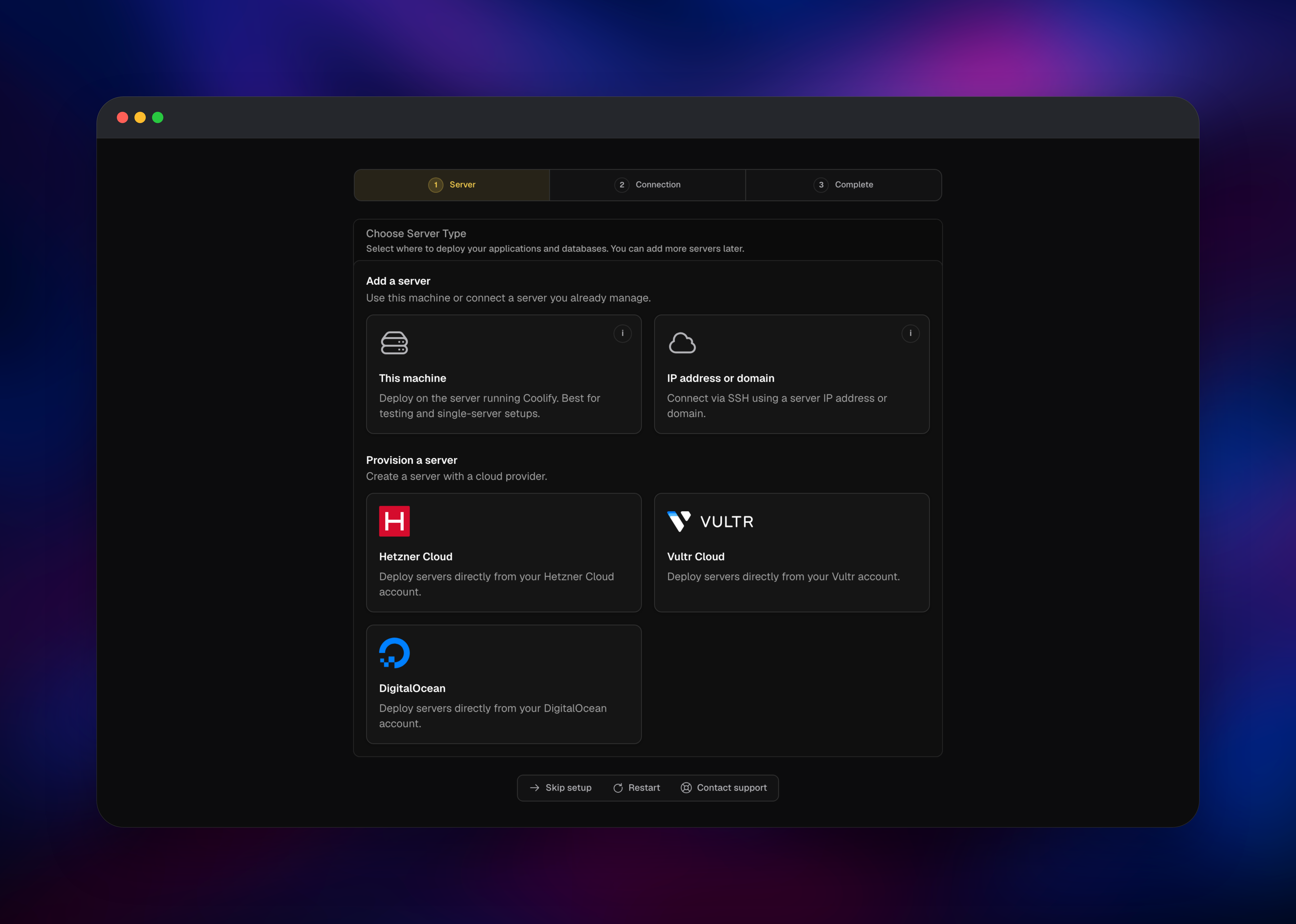 Coolify onboarding step choosing an SSH server or cloud provider