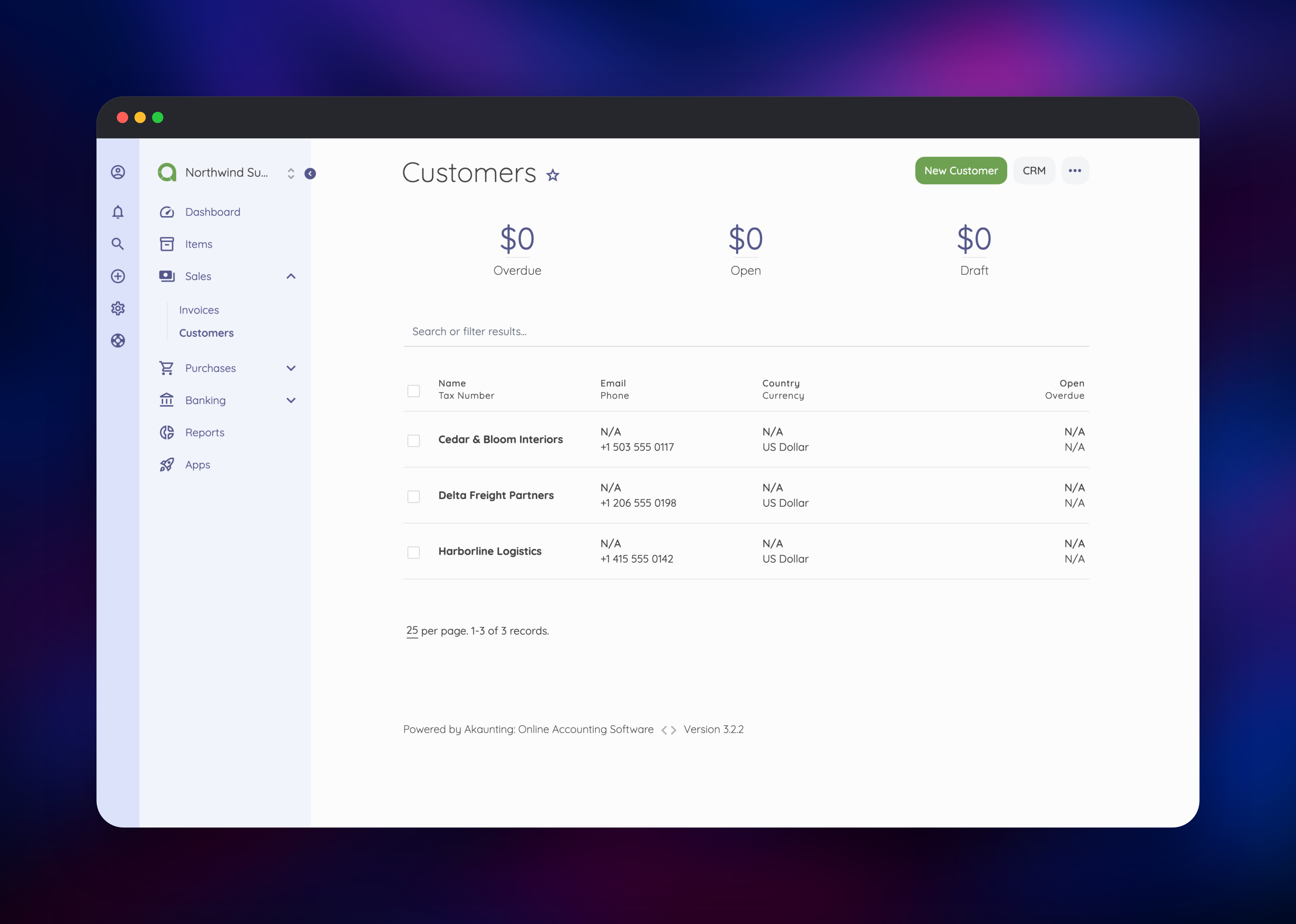 Akaunting customer list showing three logistics clients