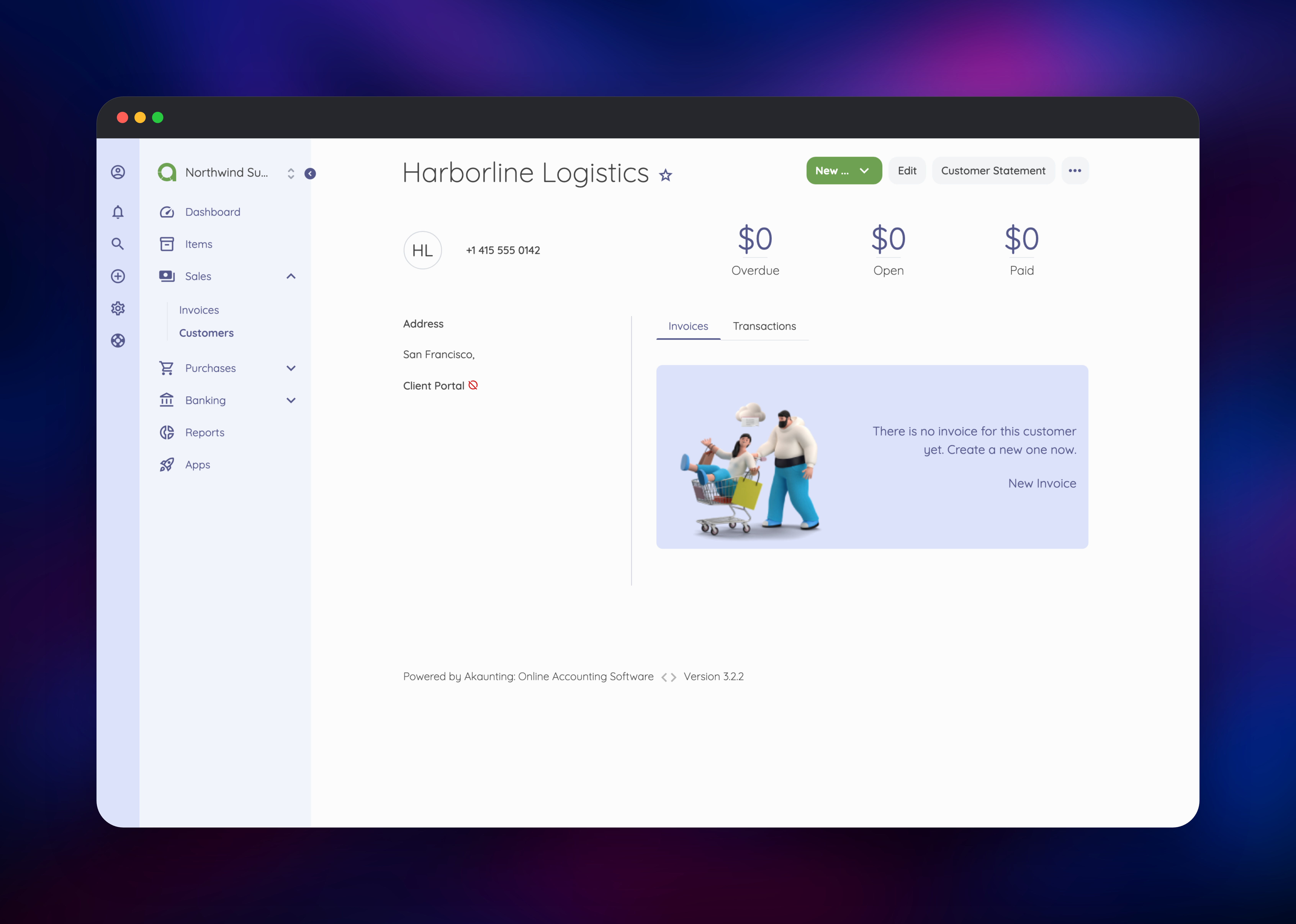 Customer profile with balances, address and invoice tab