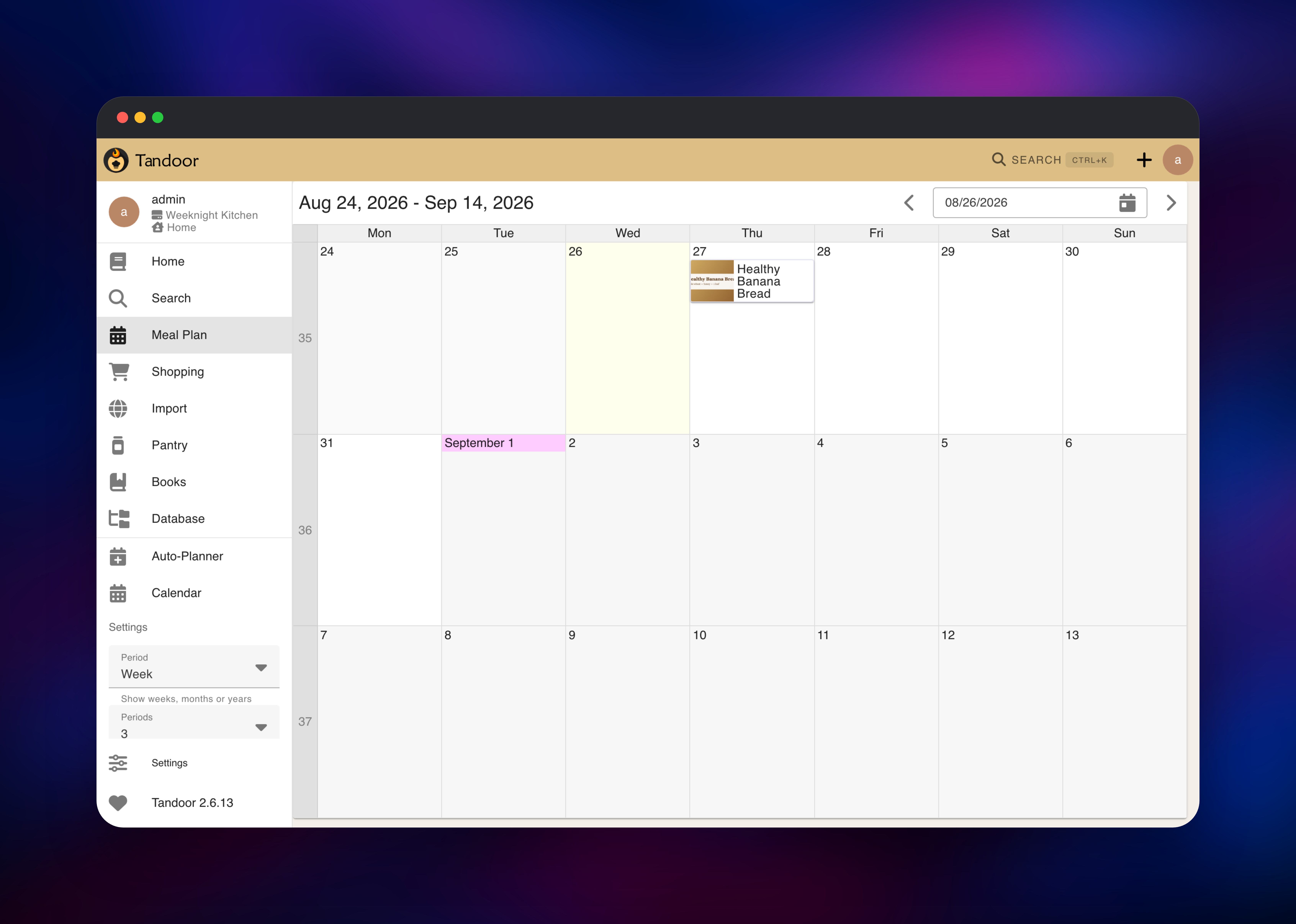 Tandoor meal plan calendar with a recipe scheduled on Thursday
