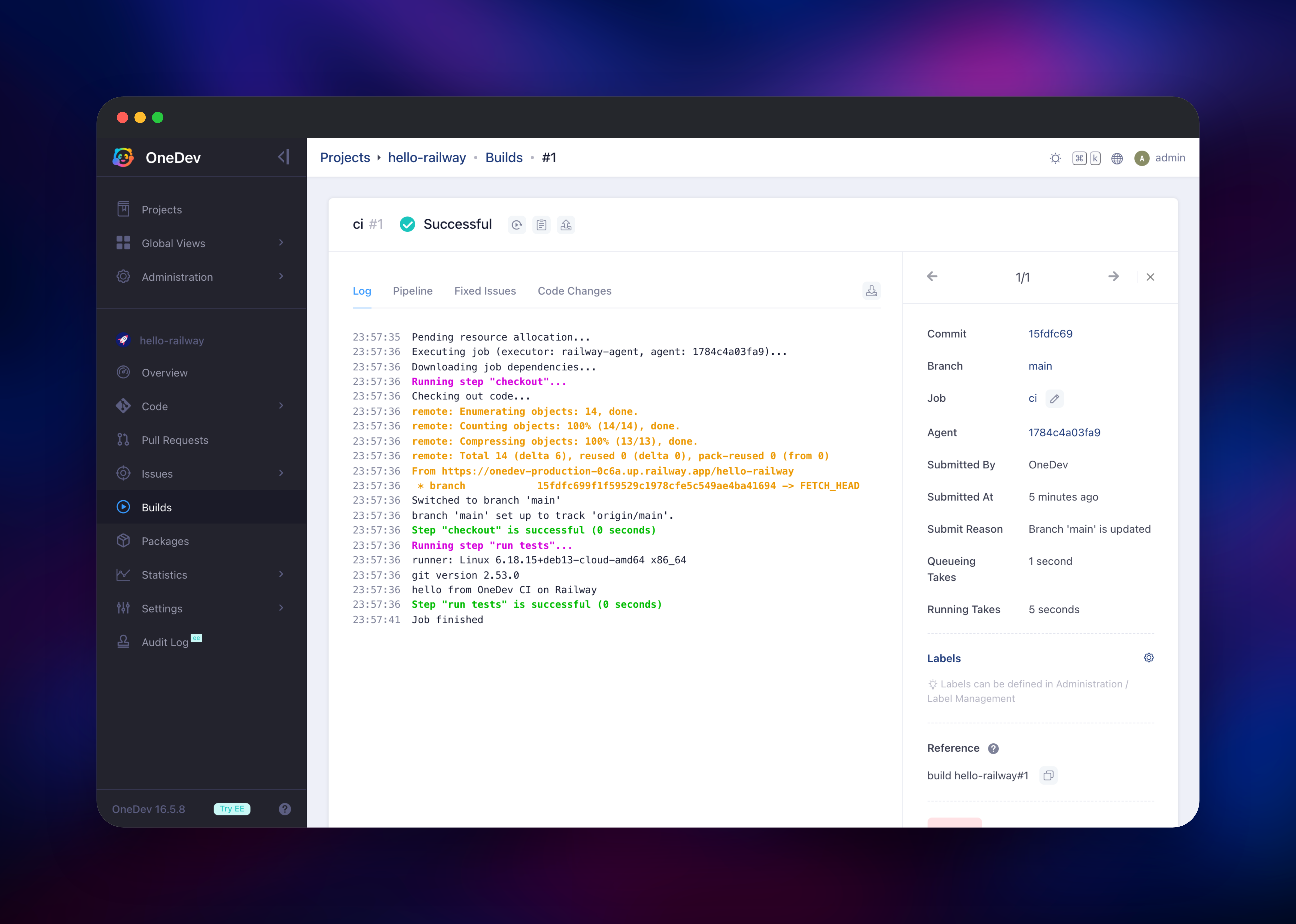 OneDev build log for a CI job that ran on the agent