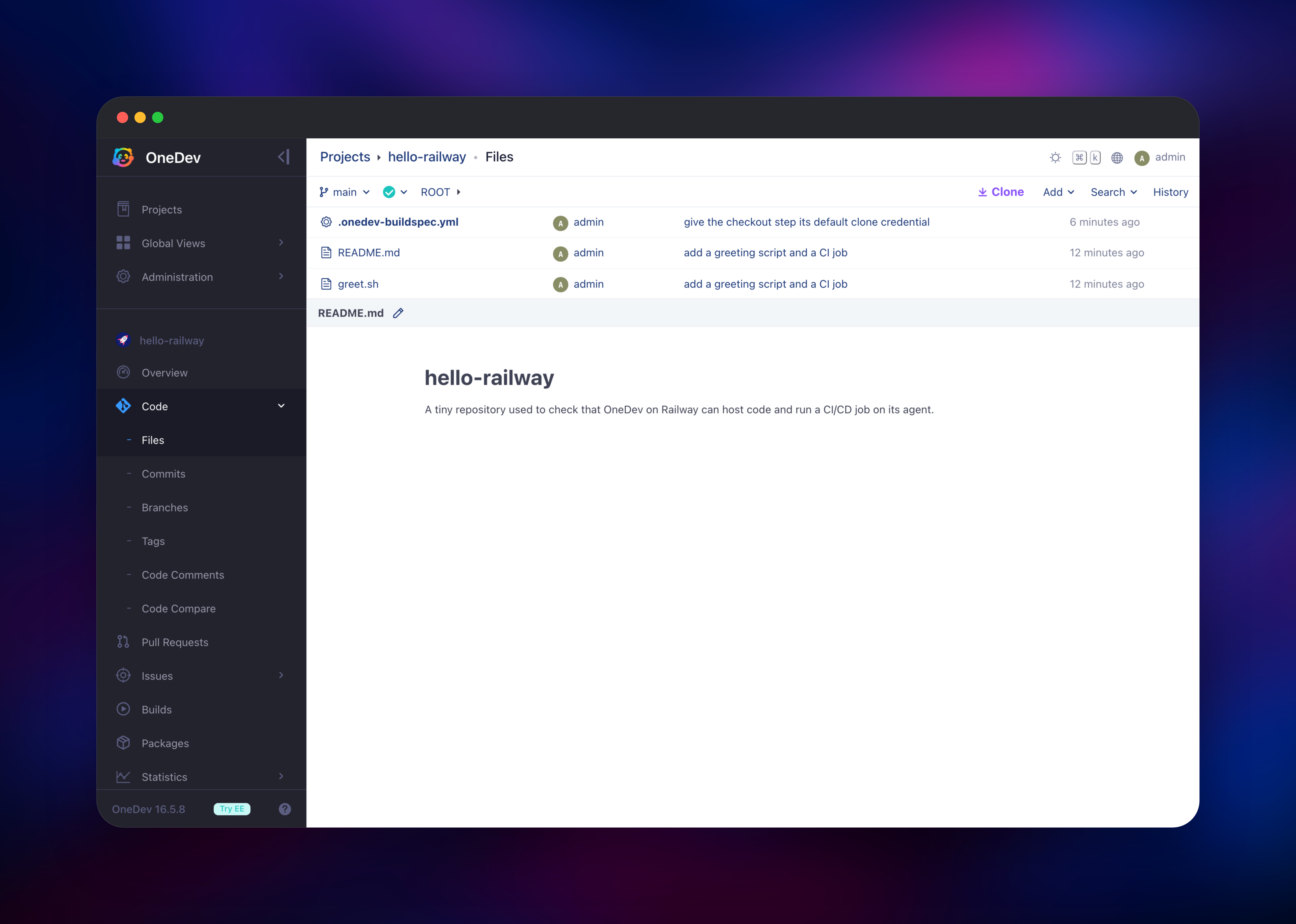 OneDev file browser showing a repository and its rendered readme