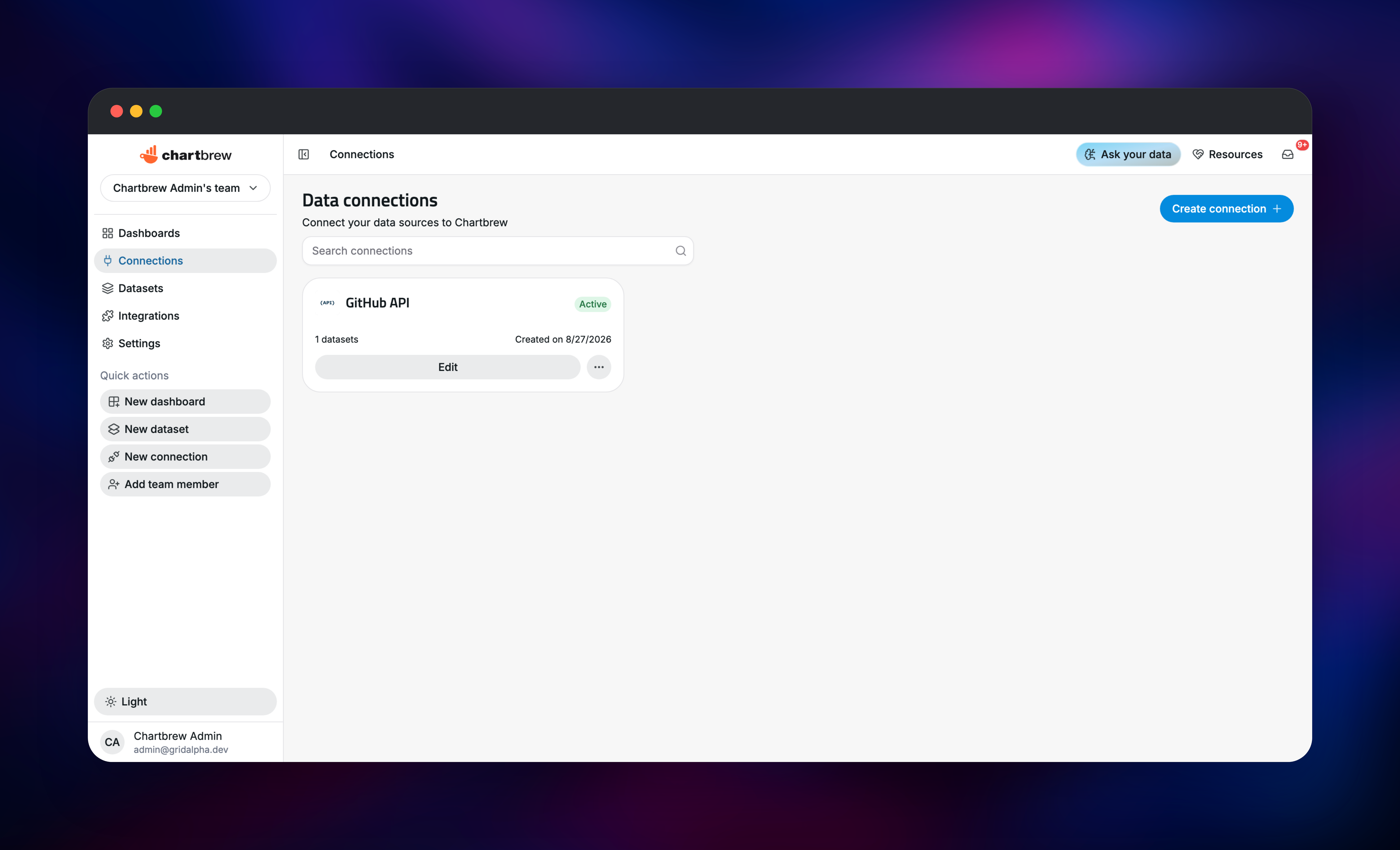 Chartbrew data source picker with API and database connectors