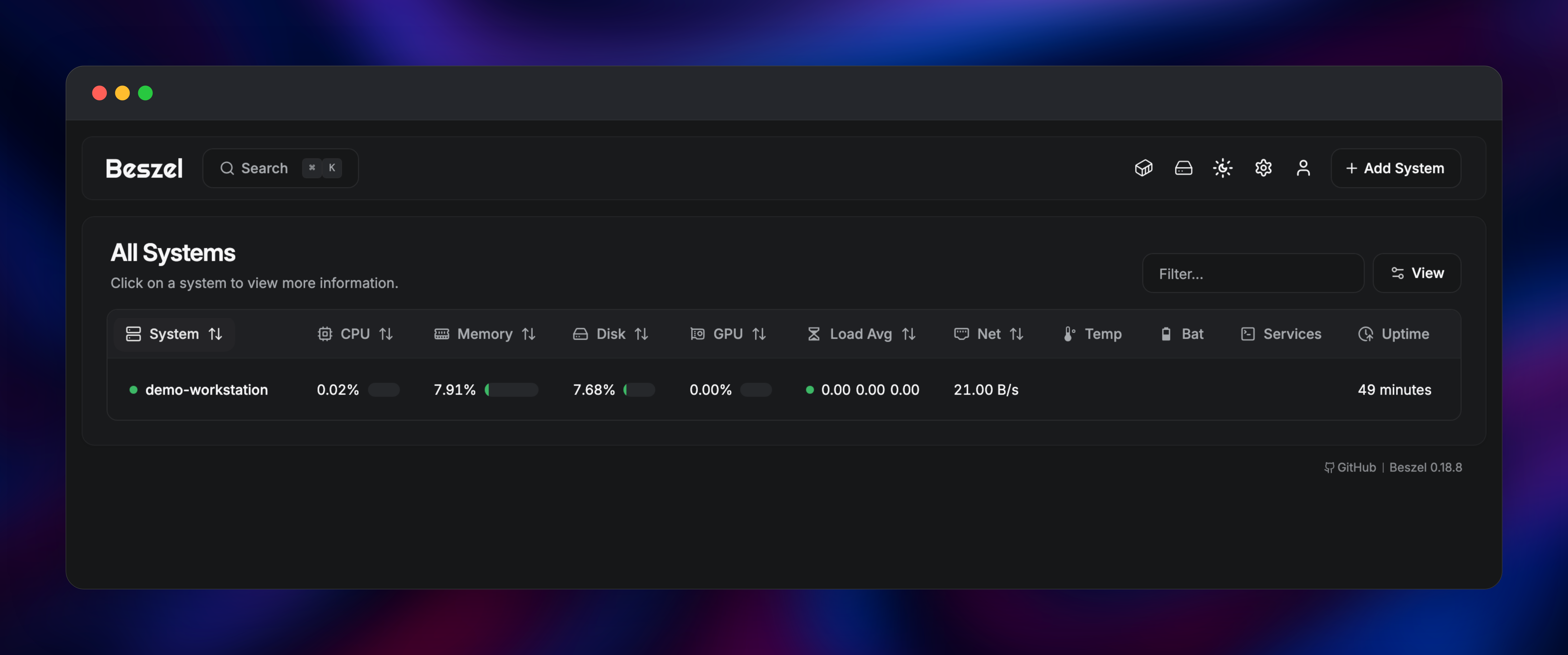 Beszel All Systems table listing a monitored server's live metrics