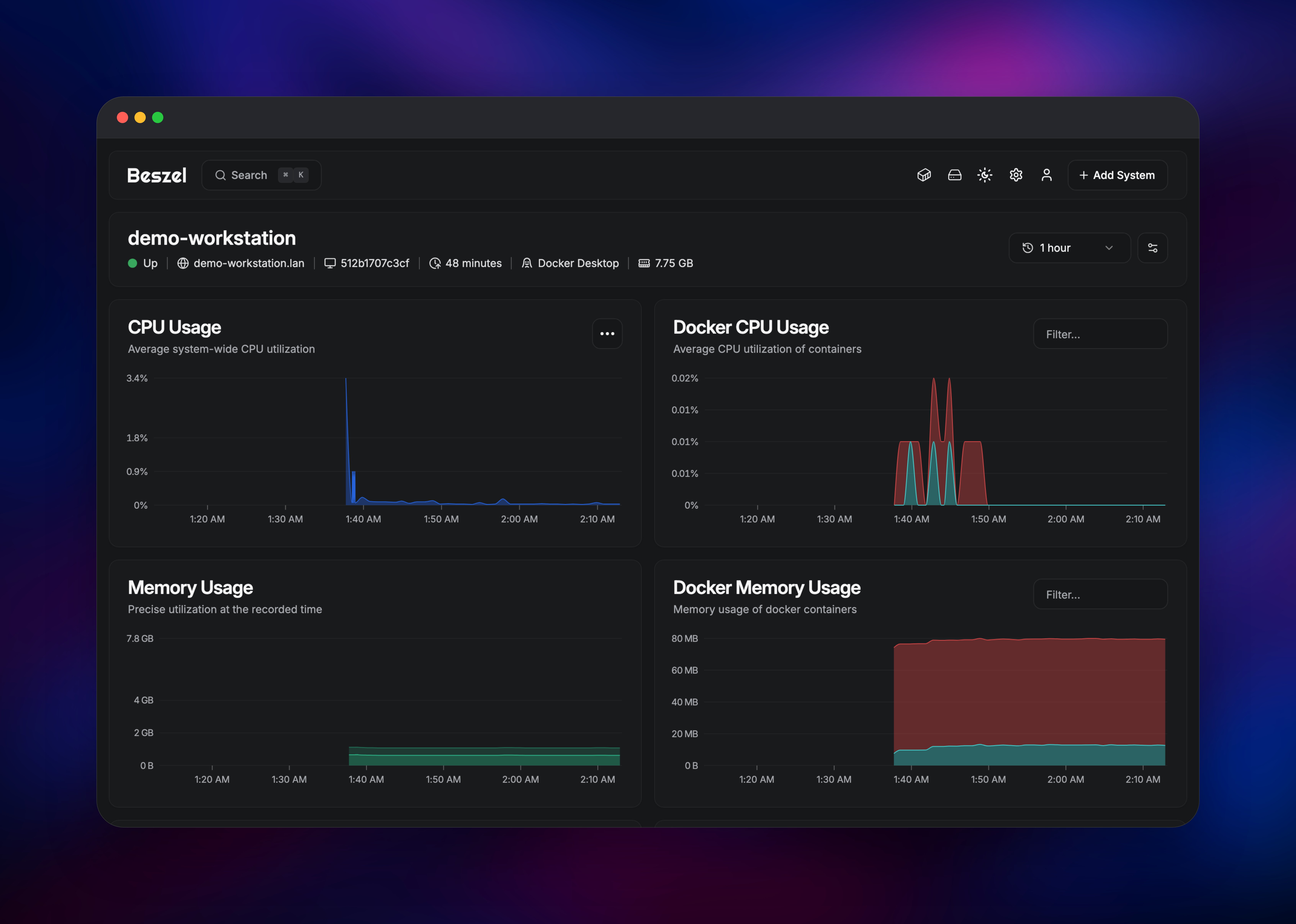 Beszel charts of CPU, memory and Docker container usage