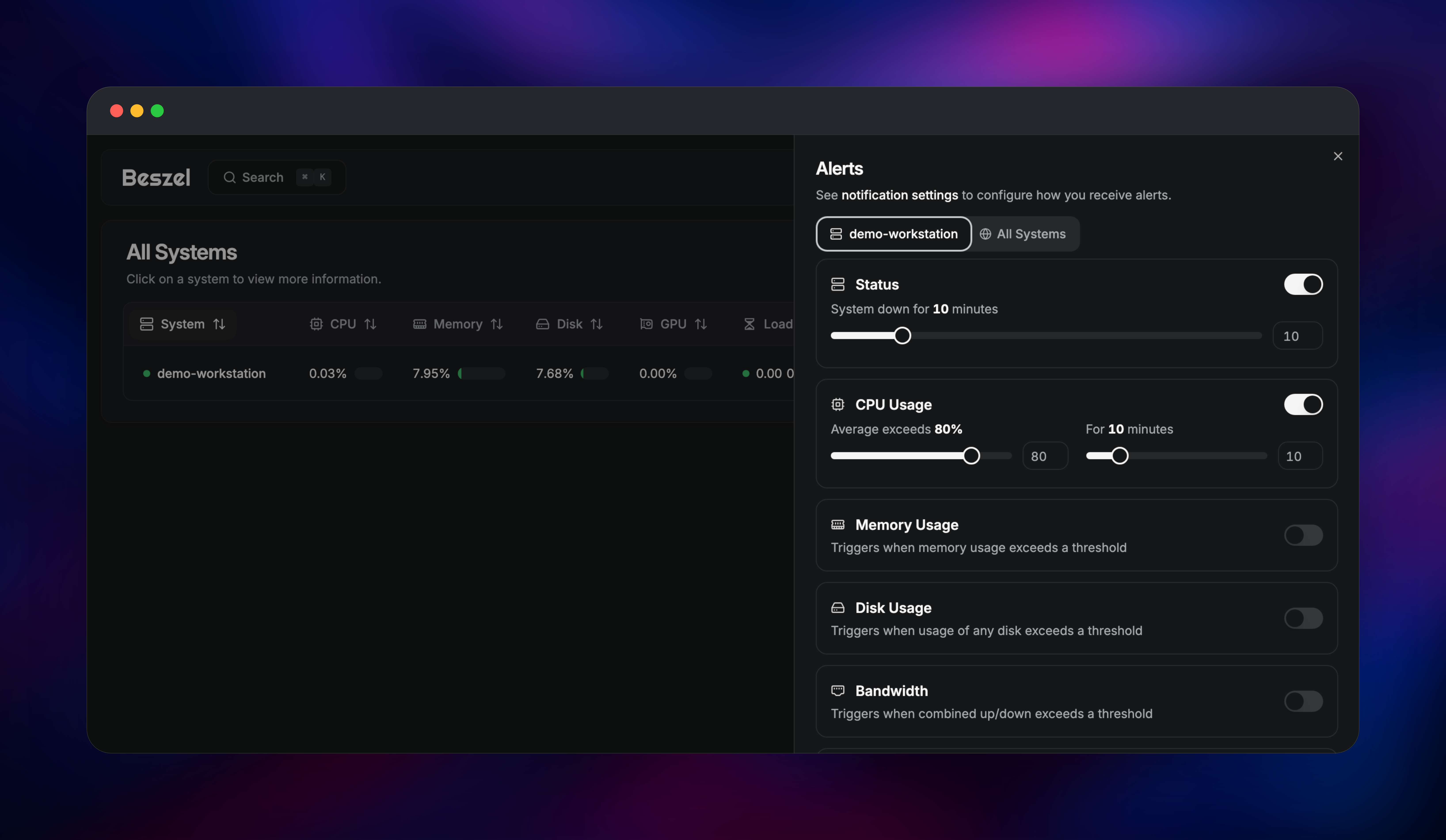 Beszel alerts panel with status and CPU threshold rules enabled