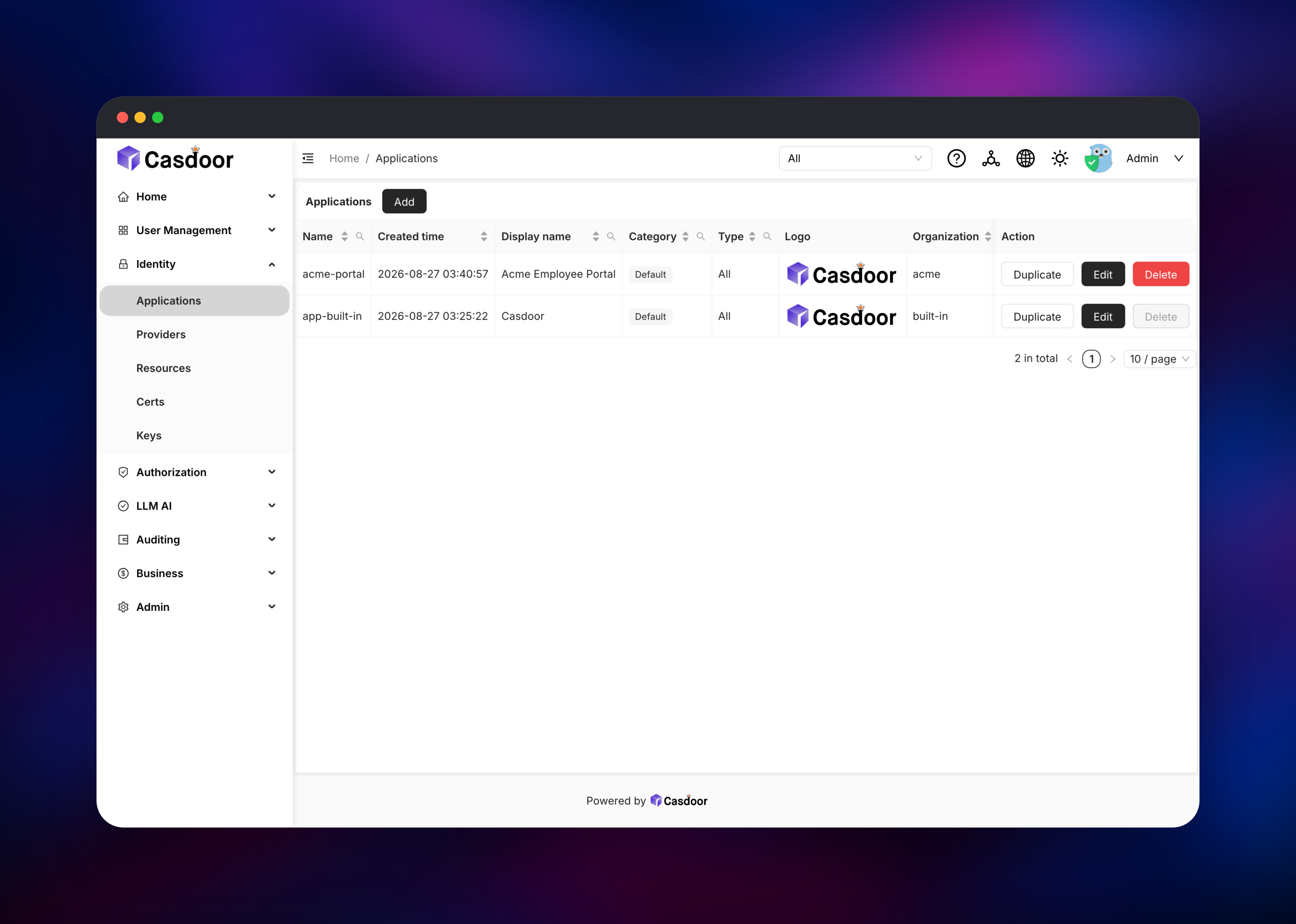 Casdoor applications list with an OIDC client for Acme