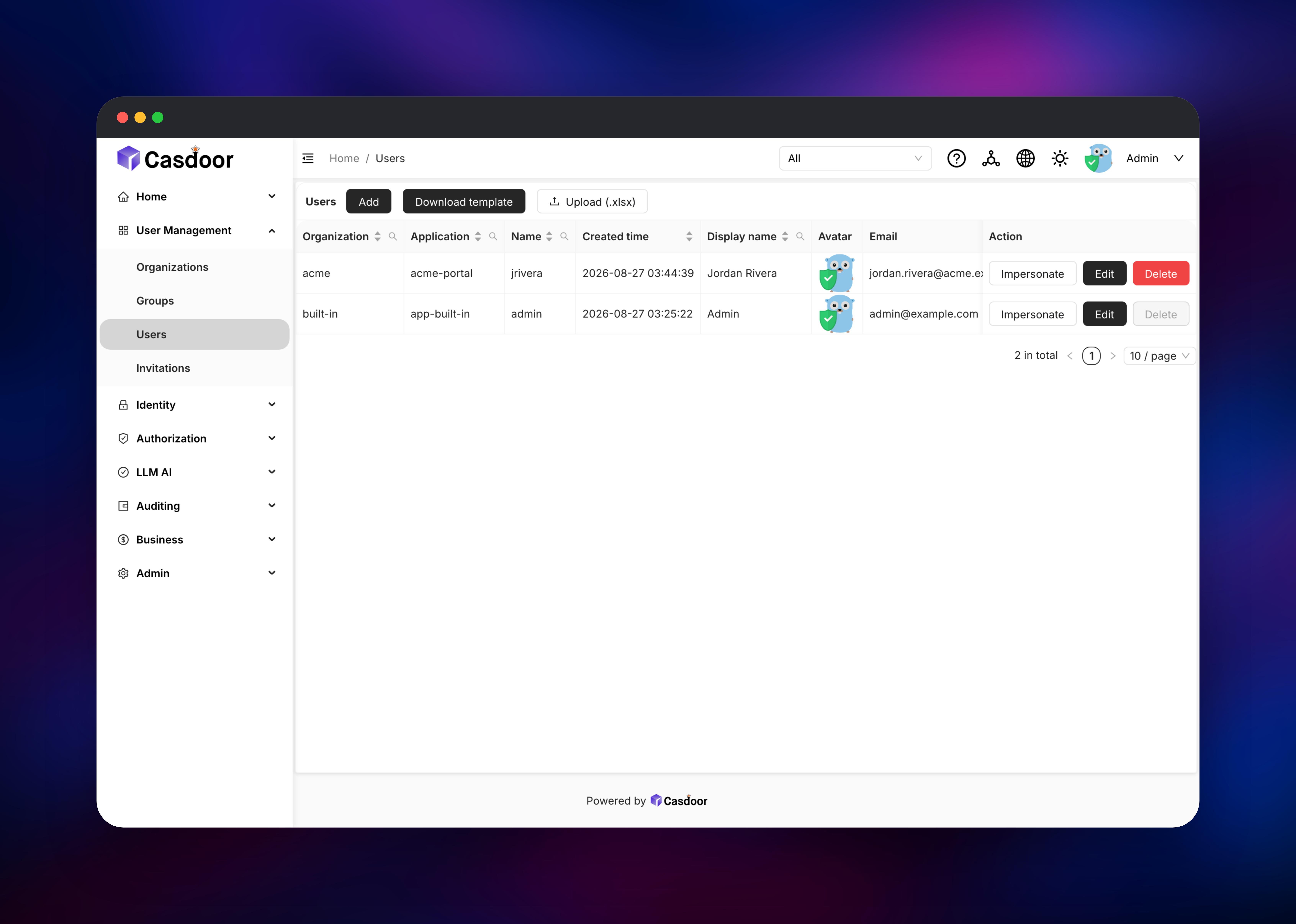 Casdoor user directory showing accounts in two organizations
