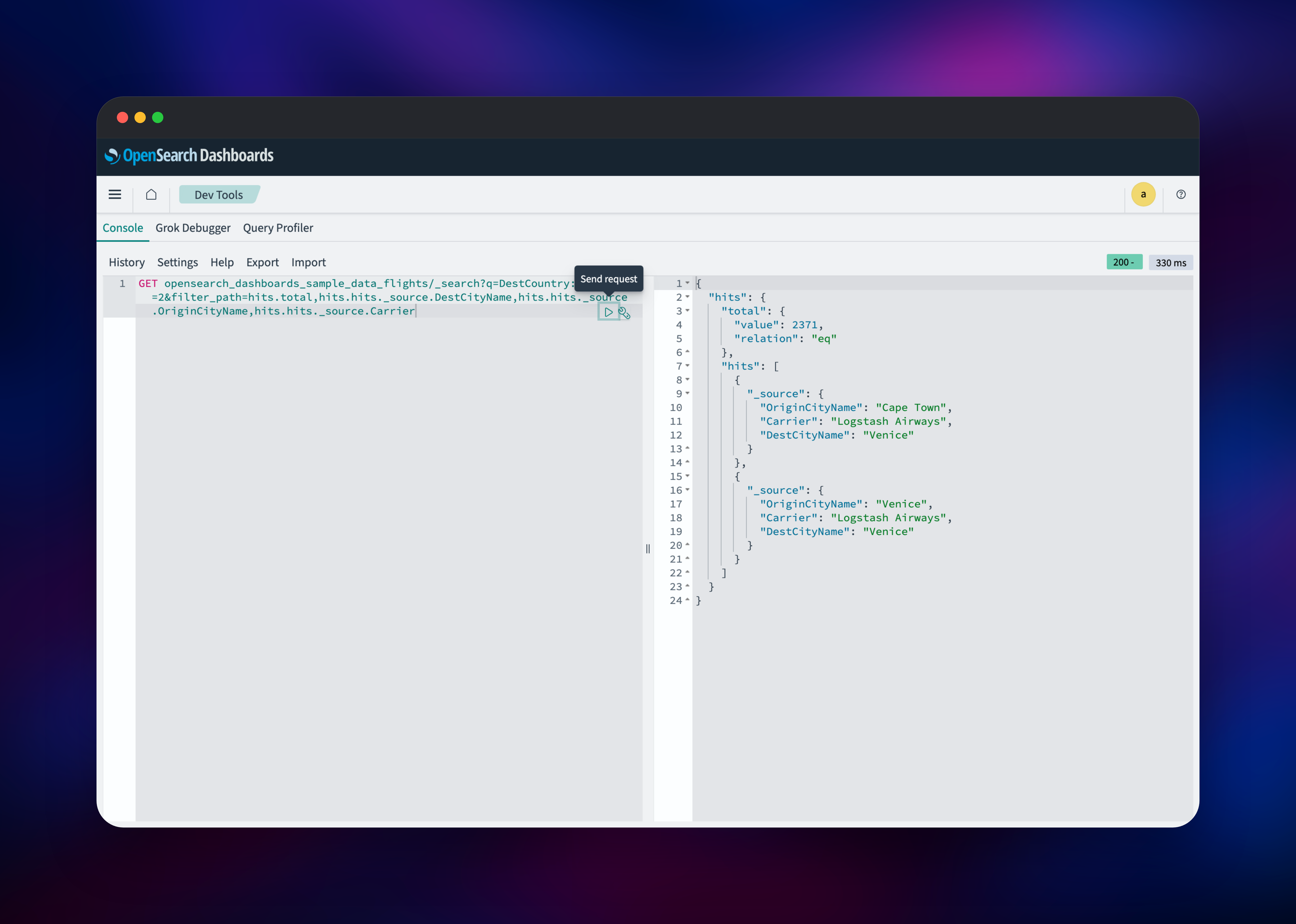 Dev Tools console returning search hits from the flights index