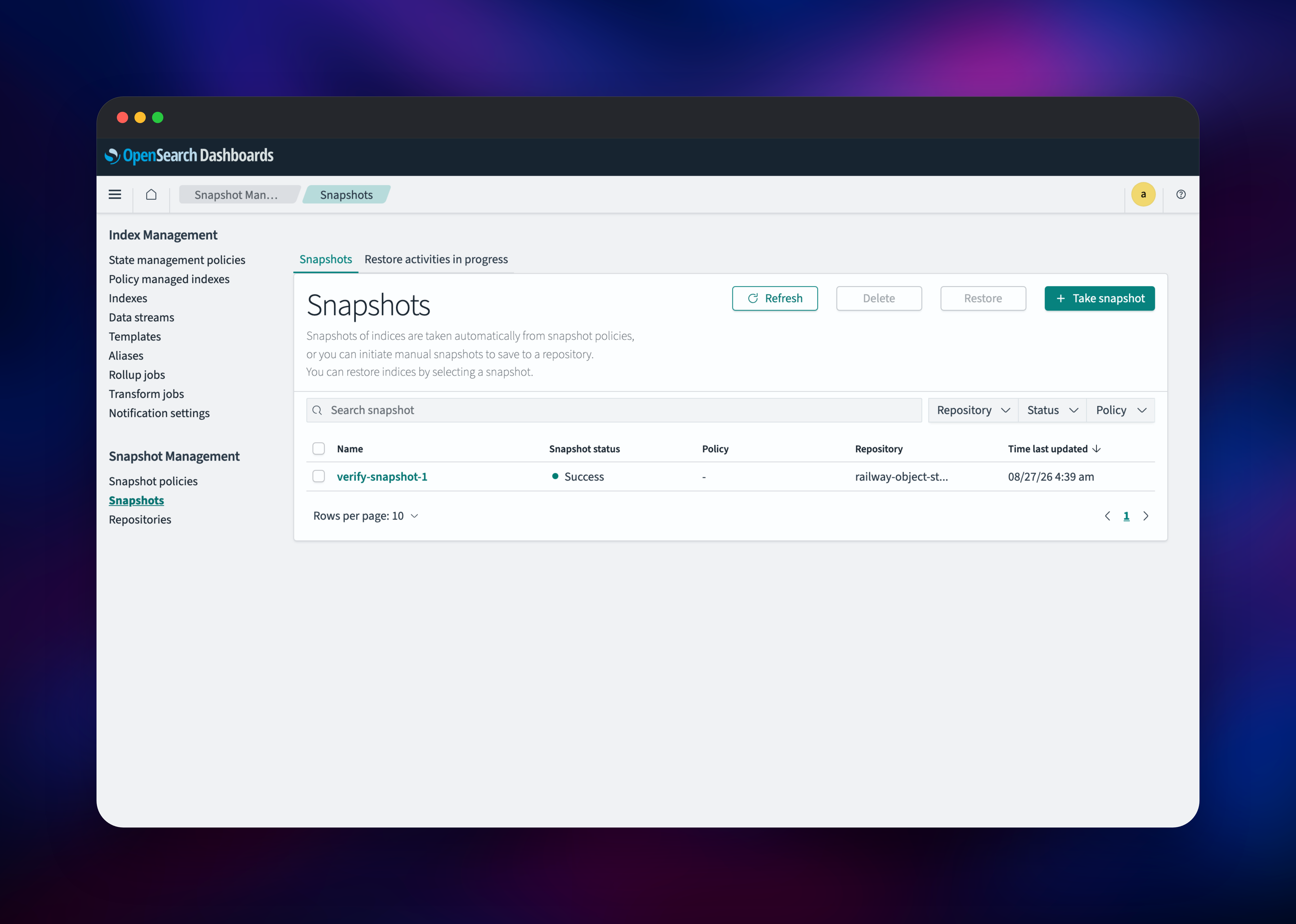 Snapshot Management listing a successful snapshot to object storage