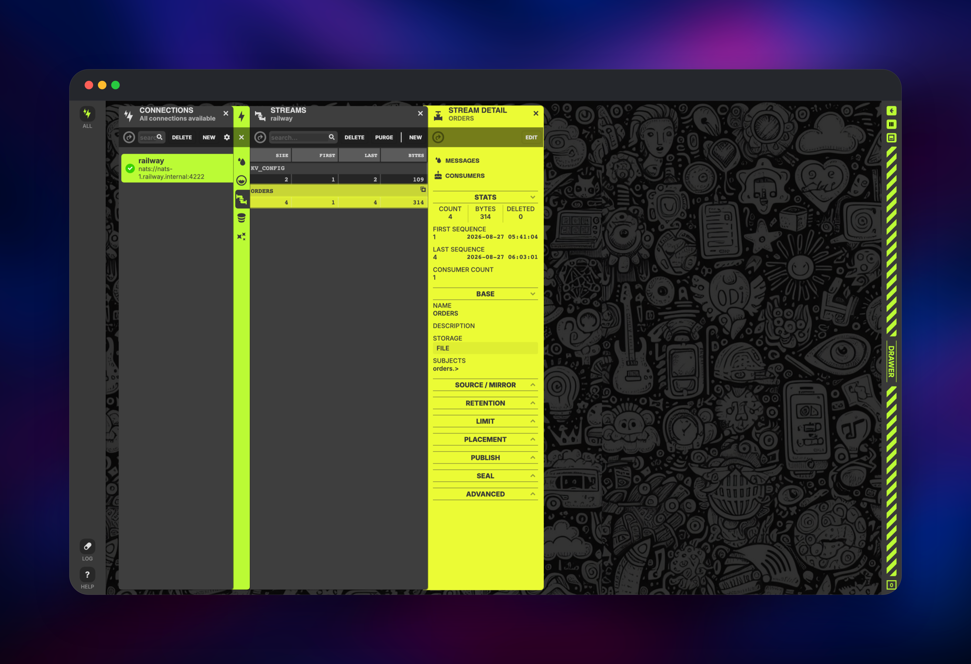 NUI showing the ORDERS stream stats and file storage settings