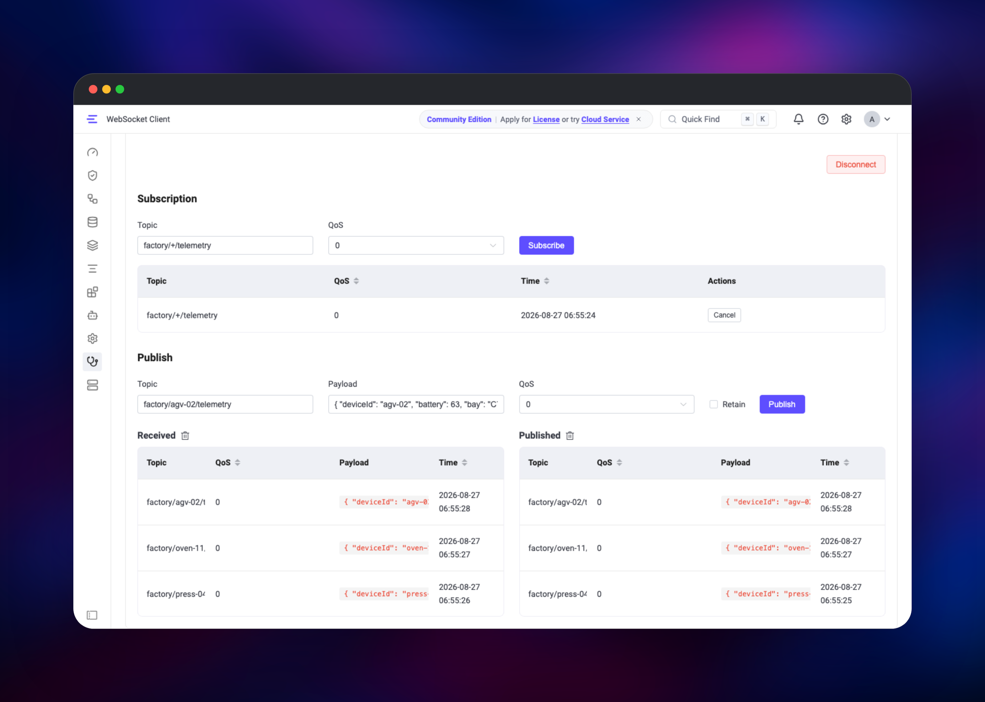 EMQX WebSocket client publishing and receiving factory telemetry