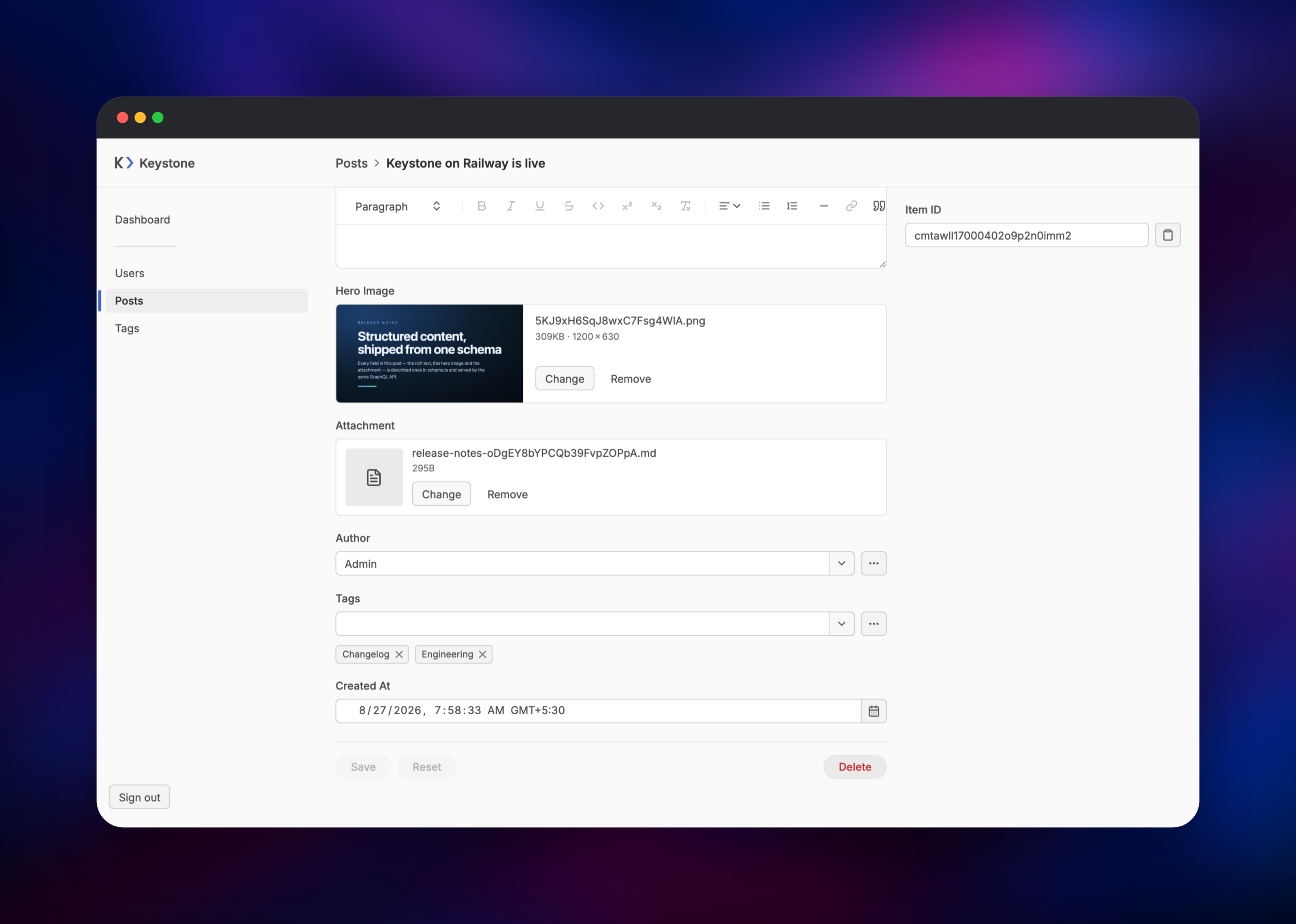 Post hero image, attachment, author and tags in Keystone