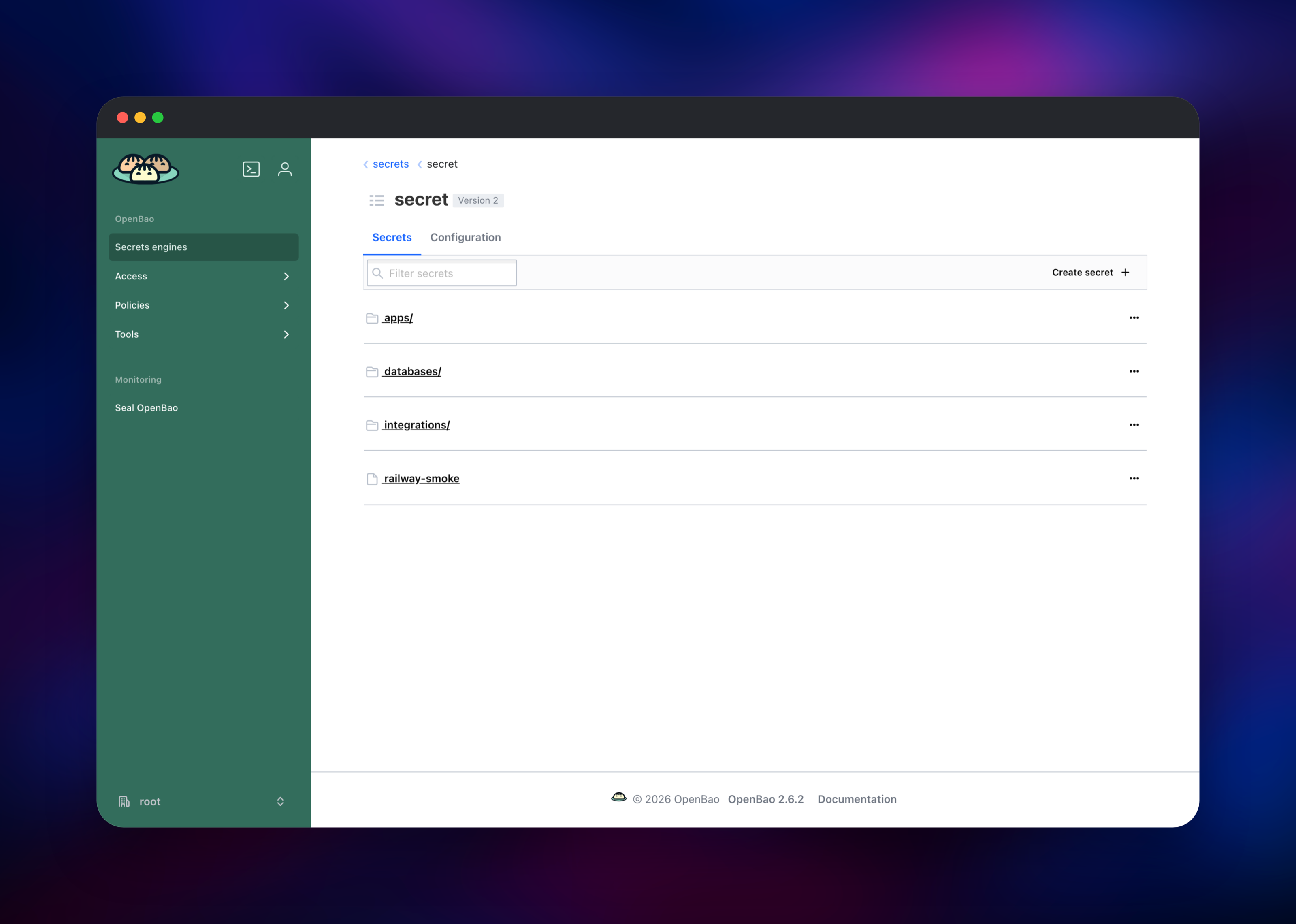OpenBao key-value store listing application and database secret paths