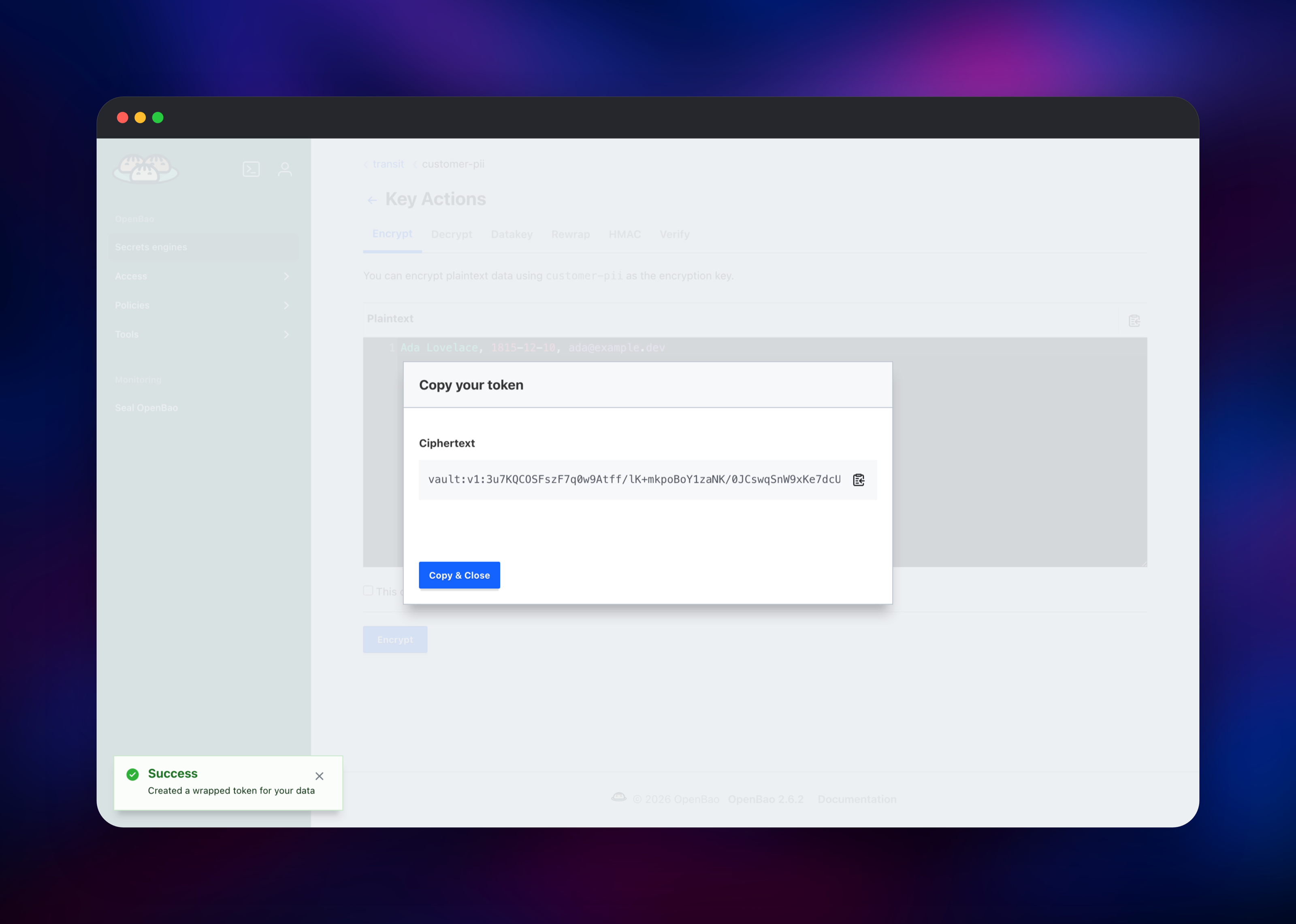 OpenBao transit engine returning ciphertext for encrypted customer data