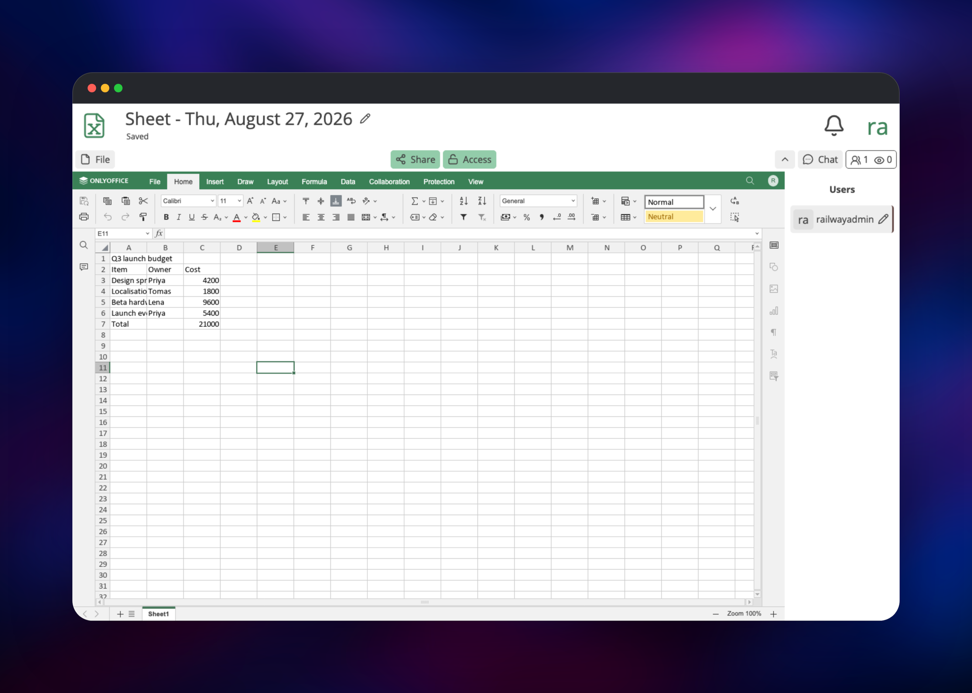 CryptPad spreadsheet totalling a launch budget with a SUM formula