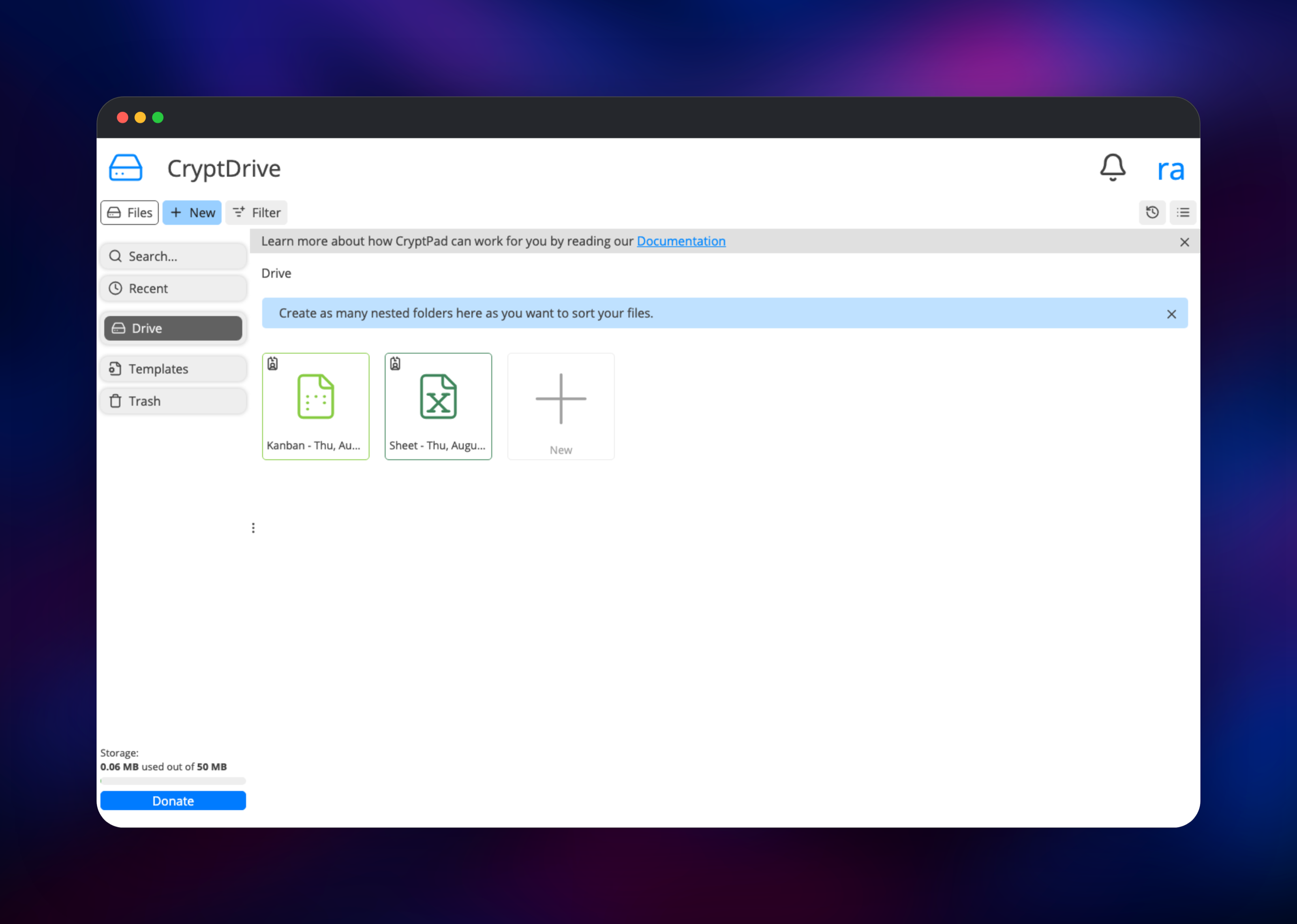 CryptDrive listing an encrypted spreadsheet and kanban board