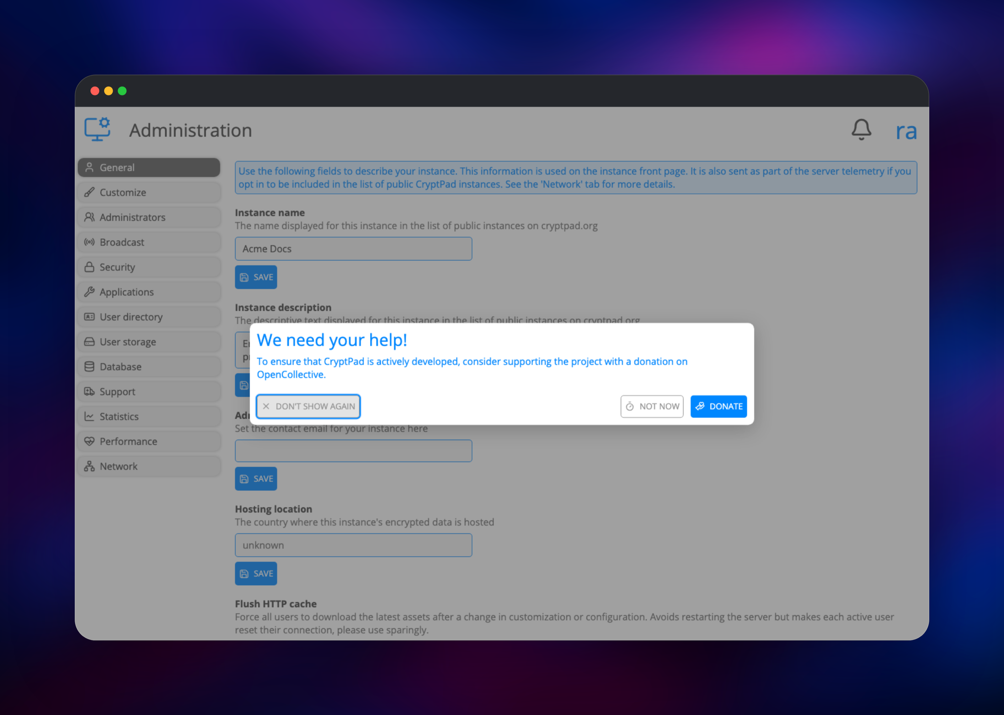 CryptPad administration panel showing instance name and description