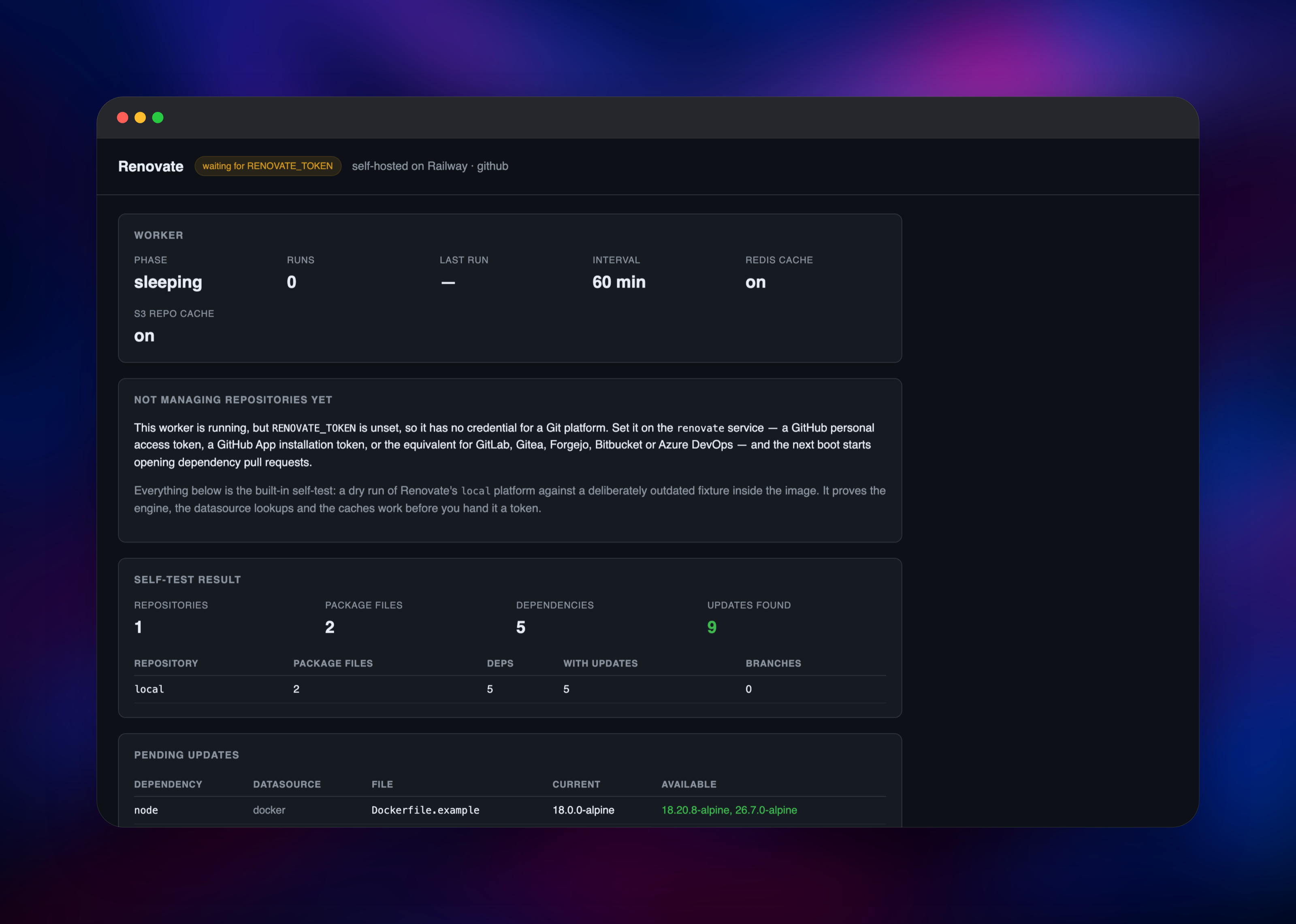 Renovate status dashboard showing worker phase, caches and self-test totals