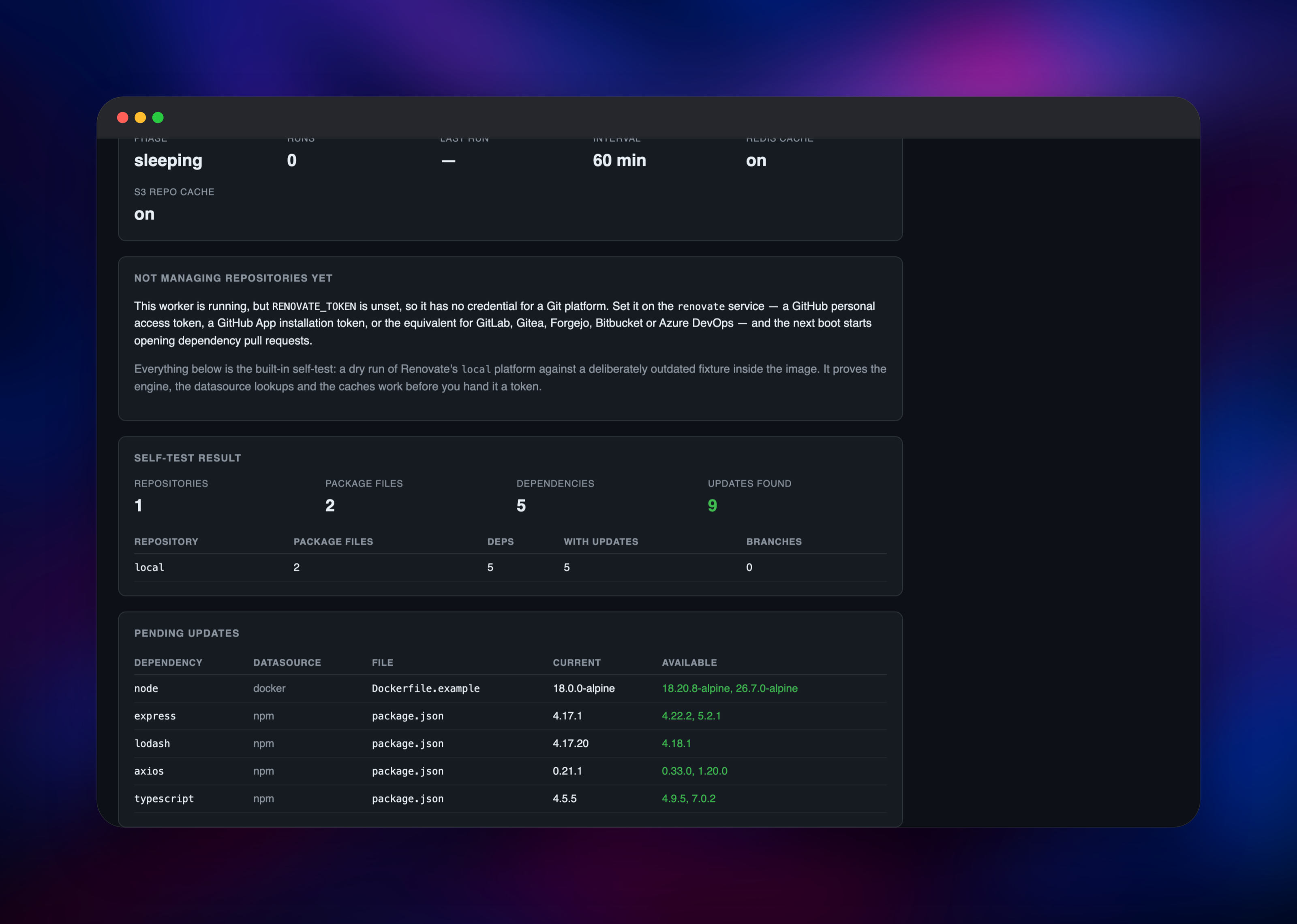 Table of dependency updates Renovate found across npm and Docker