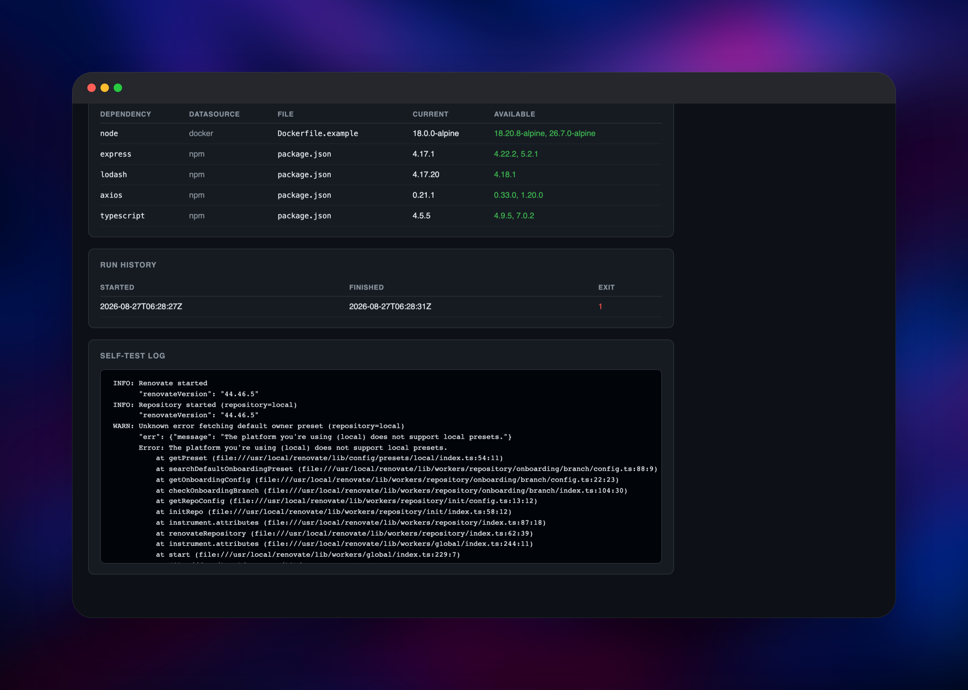 Renovate run log with dependency extraction statistics per manager