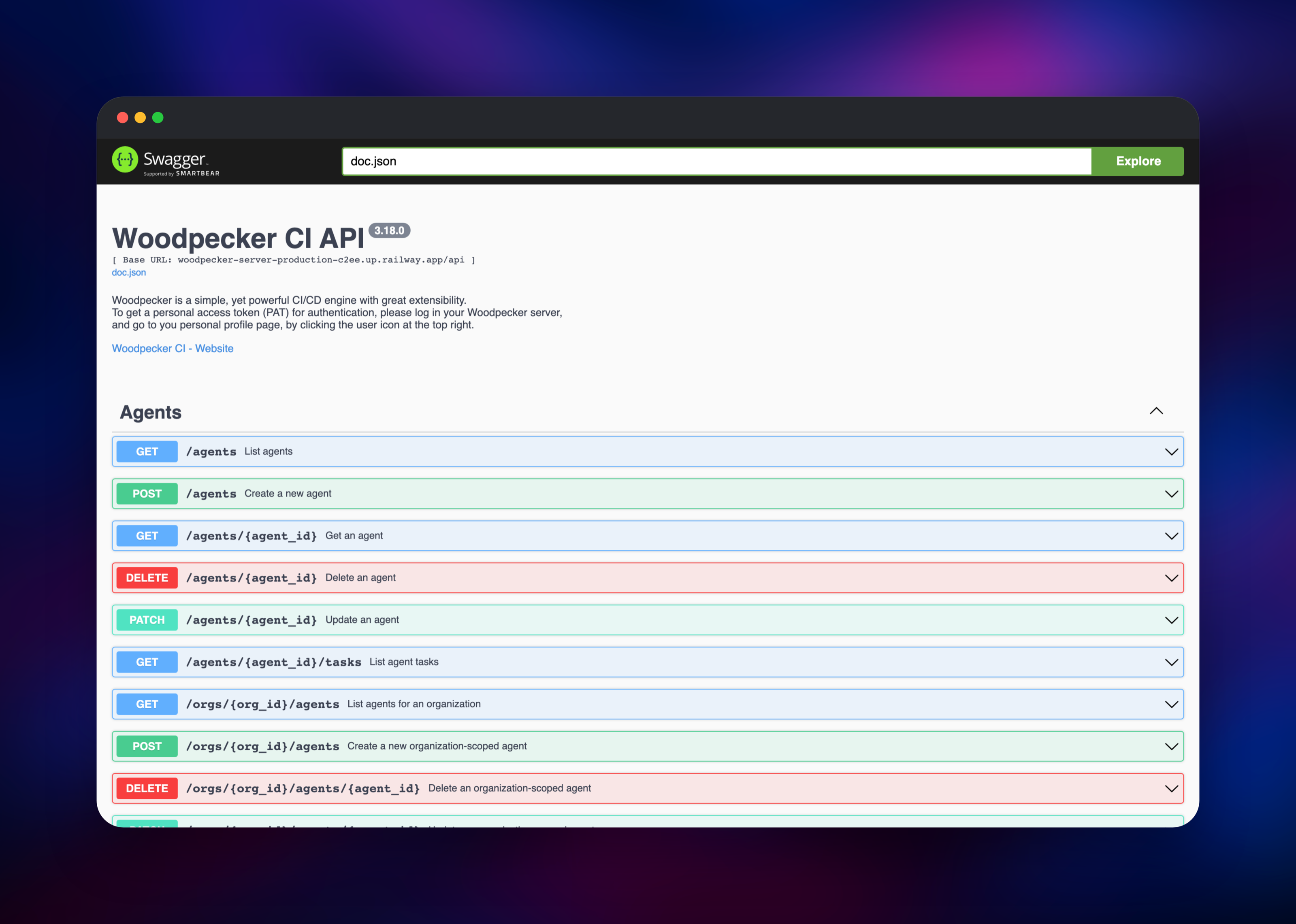 Woodpecker CI API explorer listing agent endpoints