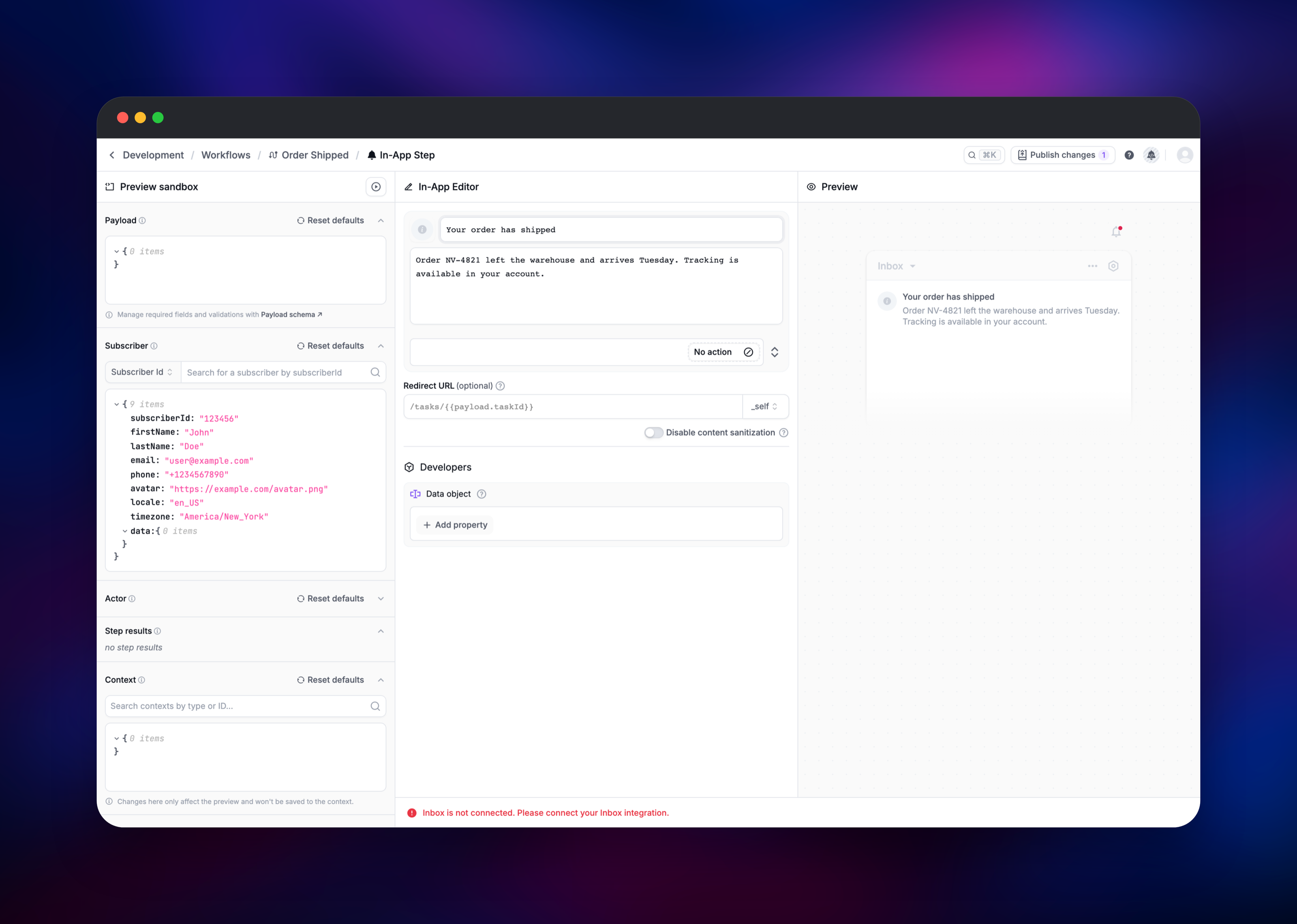 Novu in-app step editor with live inbox preview of a shipping notification