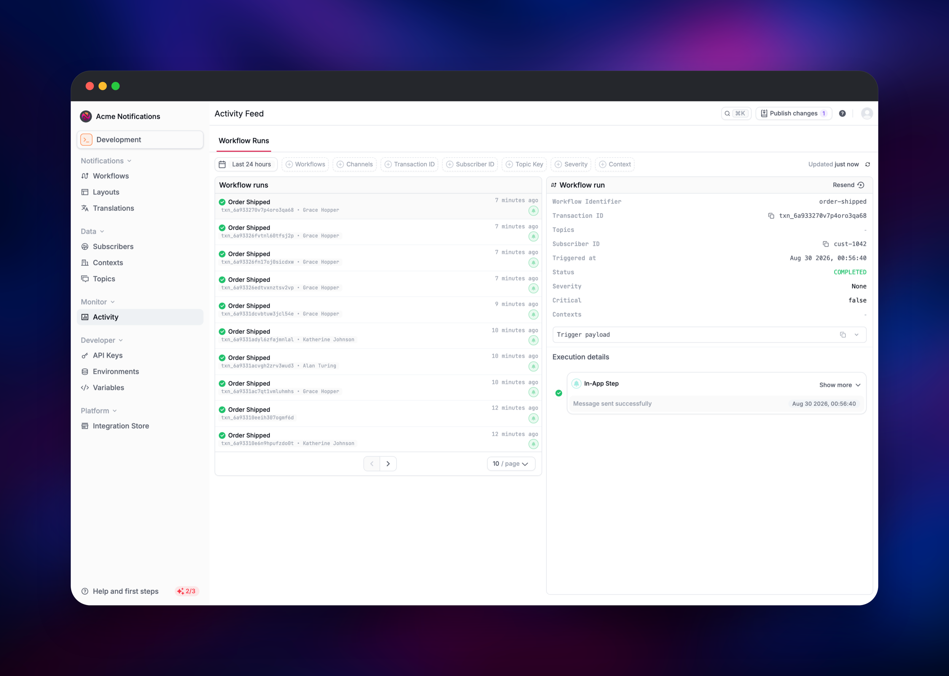 Novu activity feed listing completed workflow runs with step execution detail