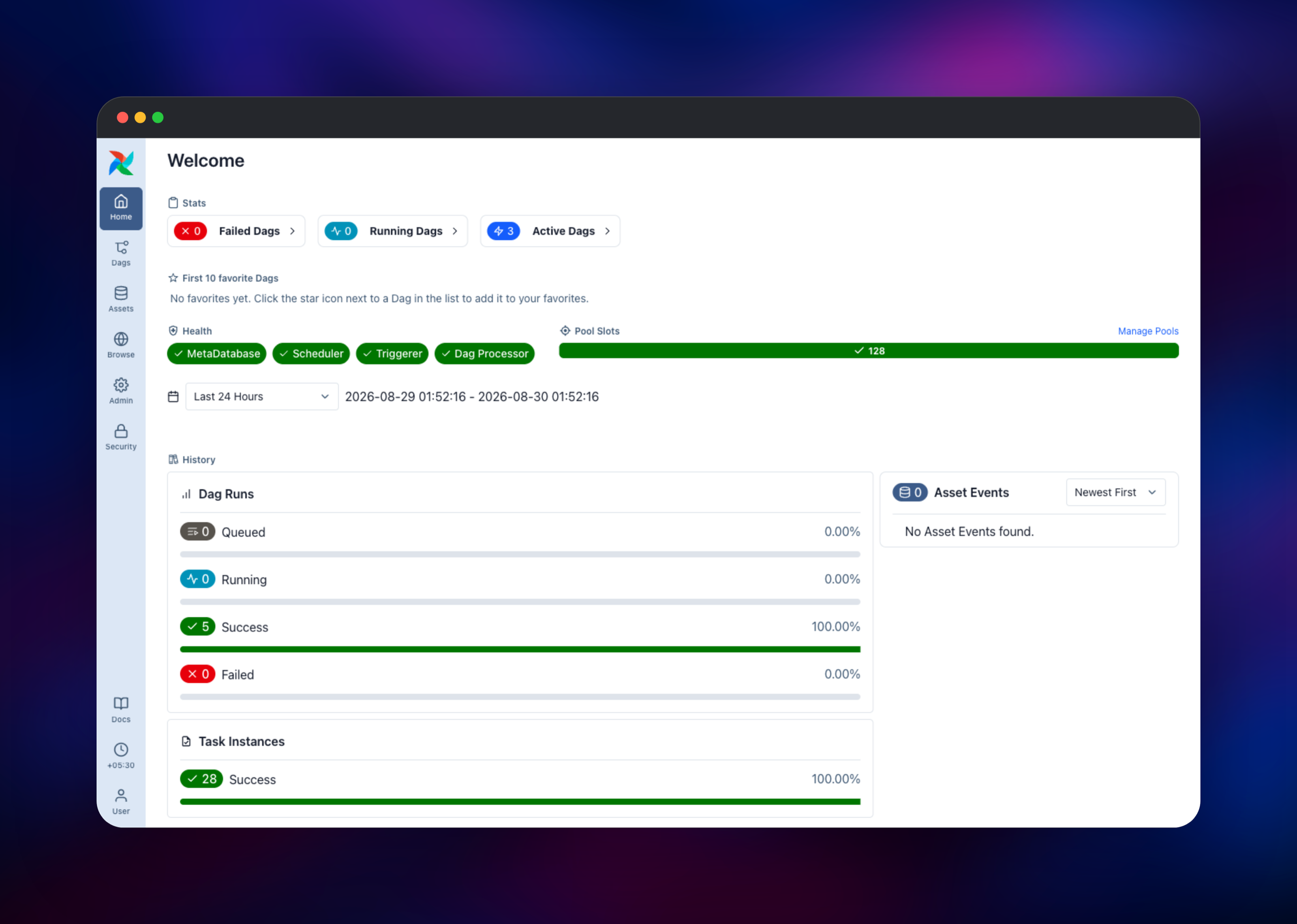 Airflow home page with all four components reporting healthy