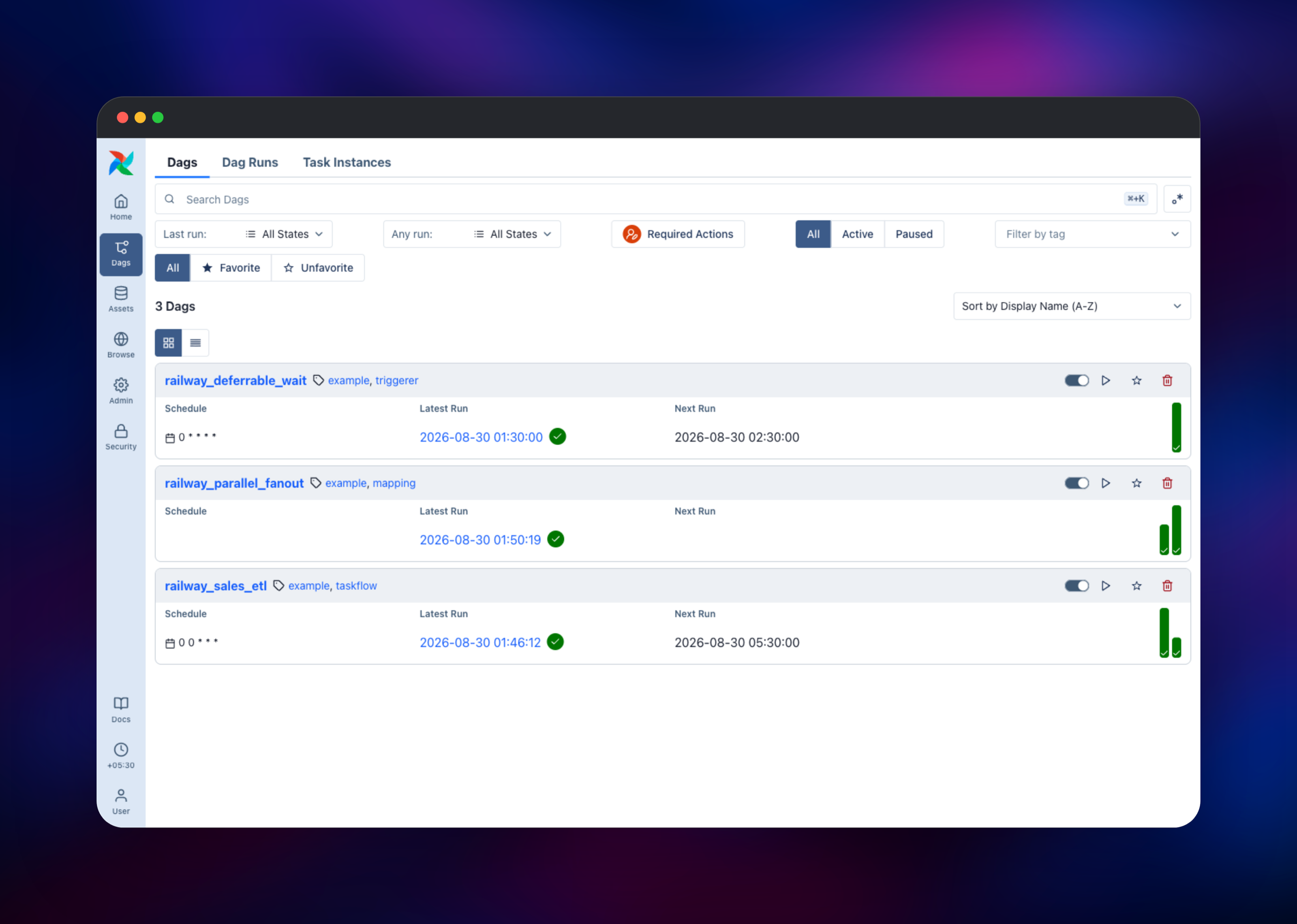 Airflow Dags list showing three pipelines and their recent runs
