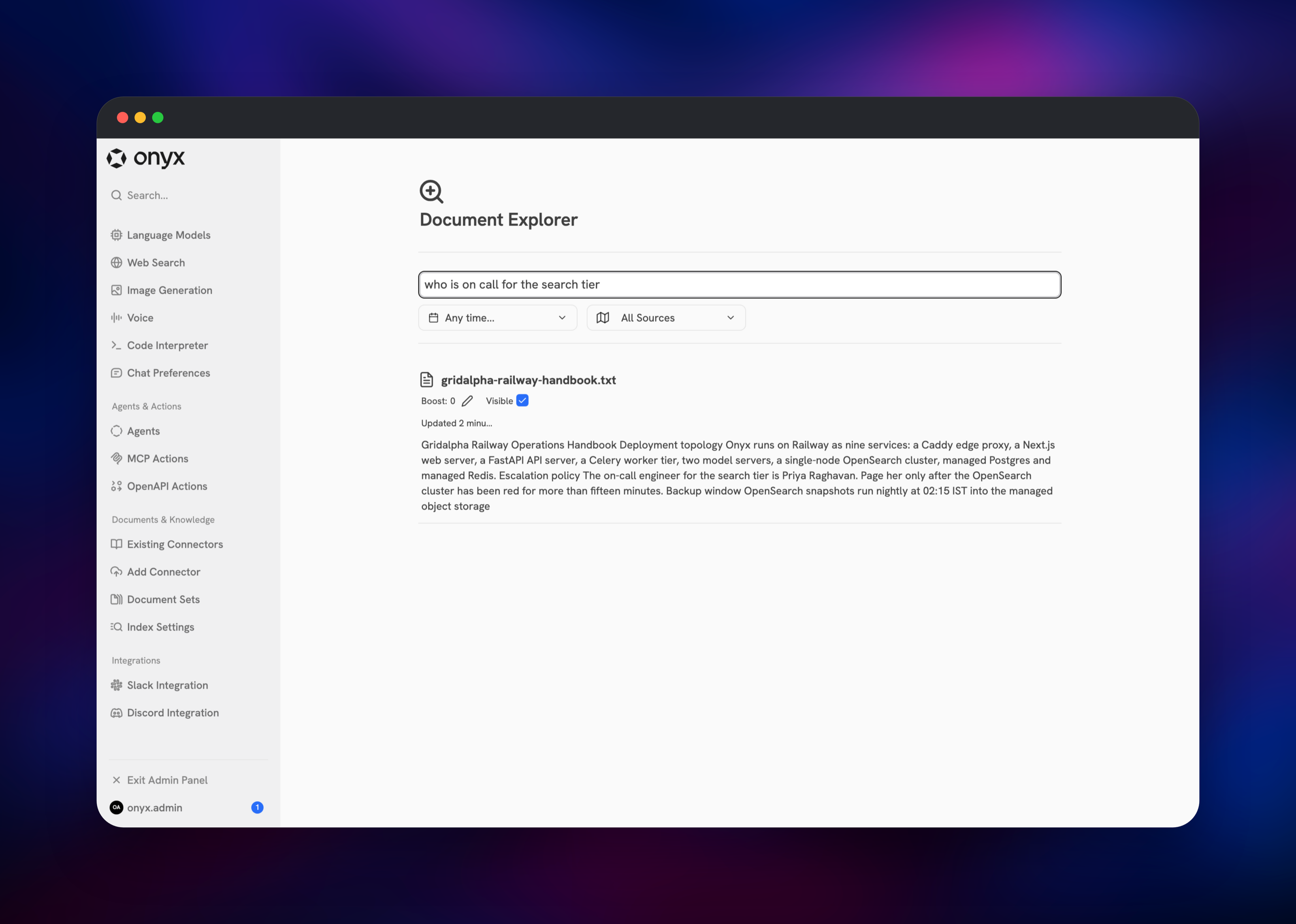 Onyx document explorer returning an indexed operations handbook