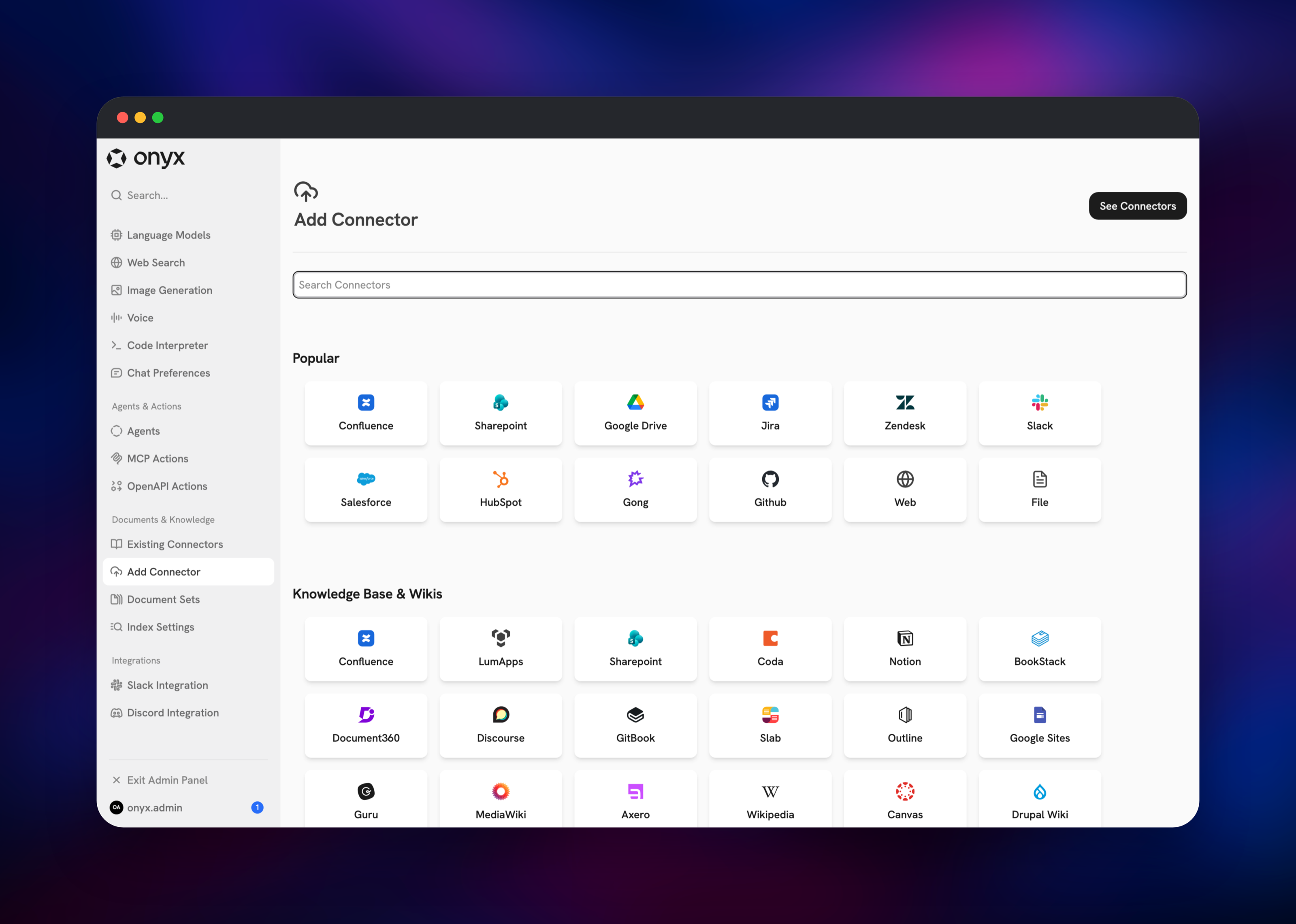 Onyx connector catalogue with Confluence, Slack and Drive