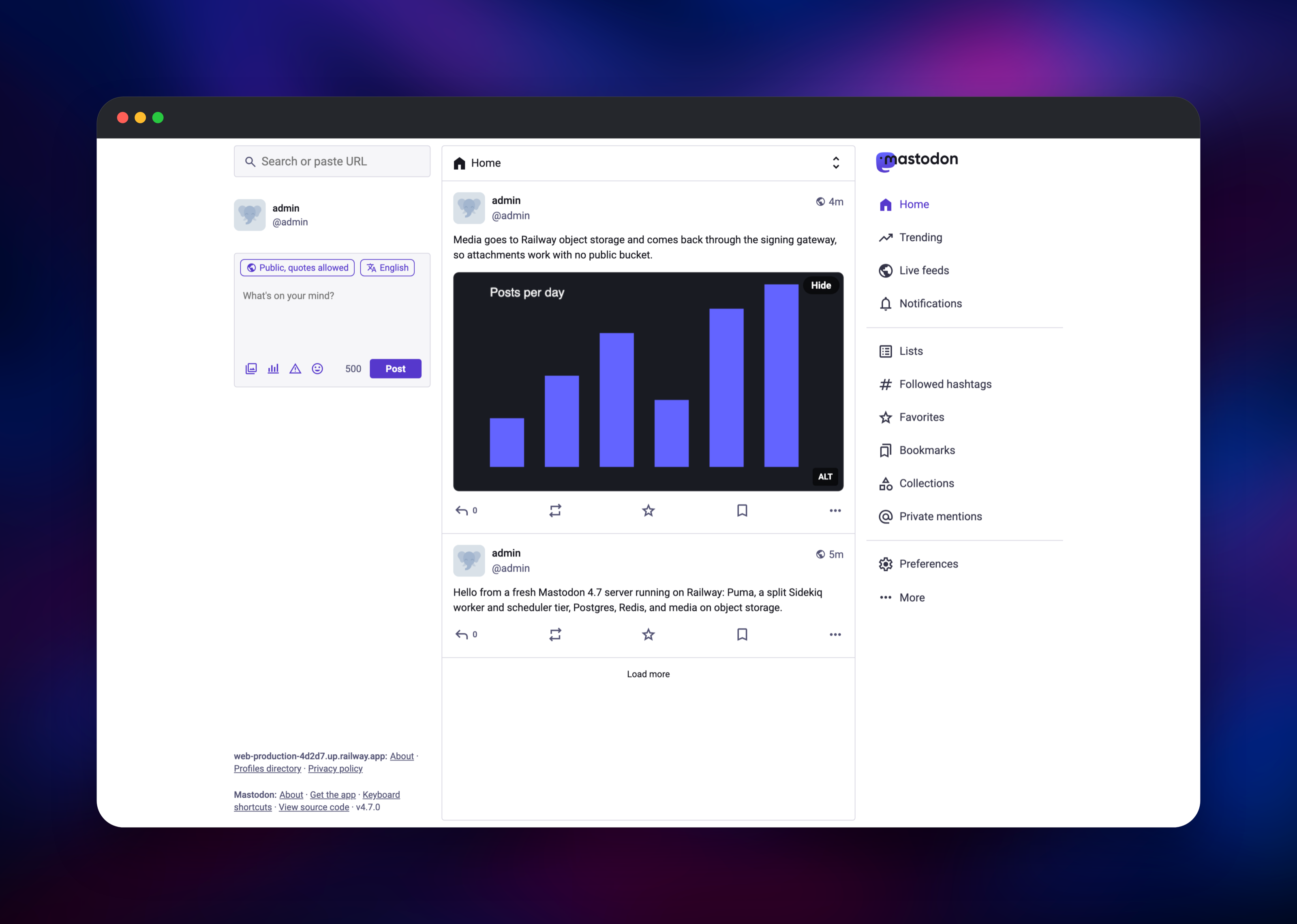 Mastodon home timeline showing a post with a chart attachment